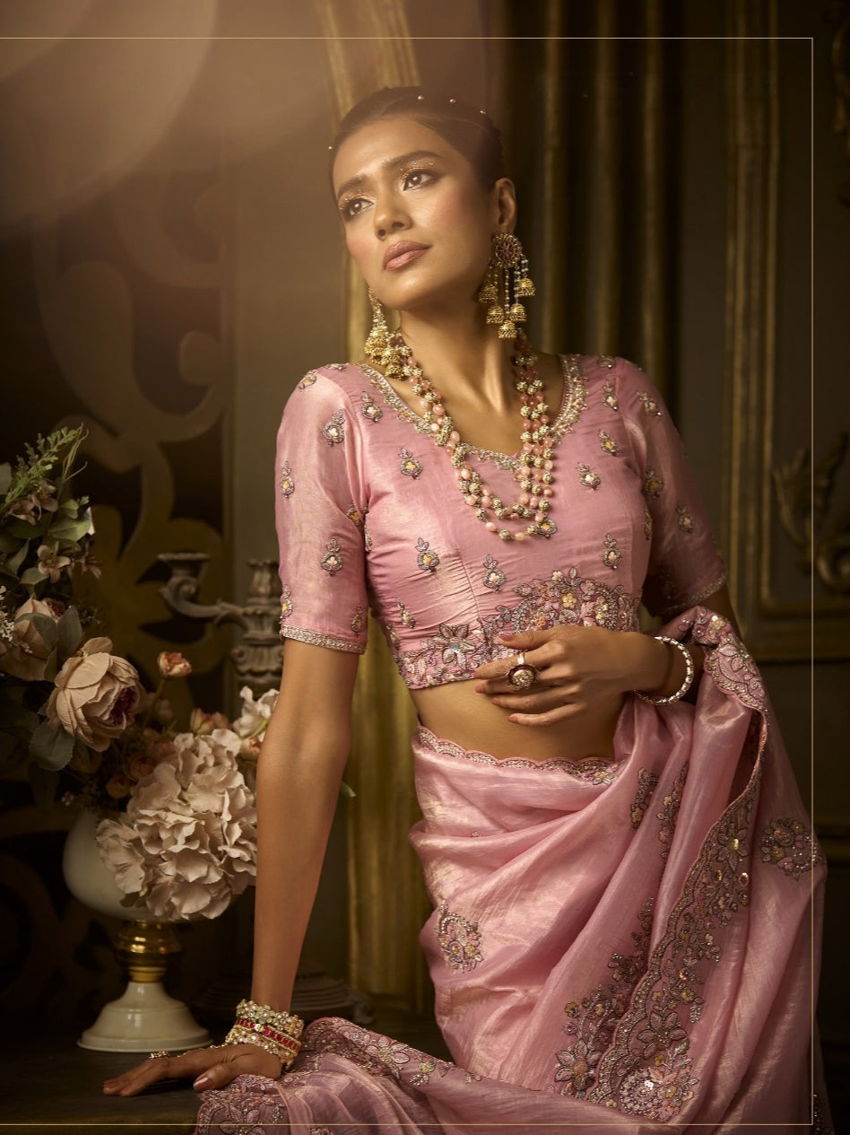 Blush pink golden silk bridal saree with hand embroidery