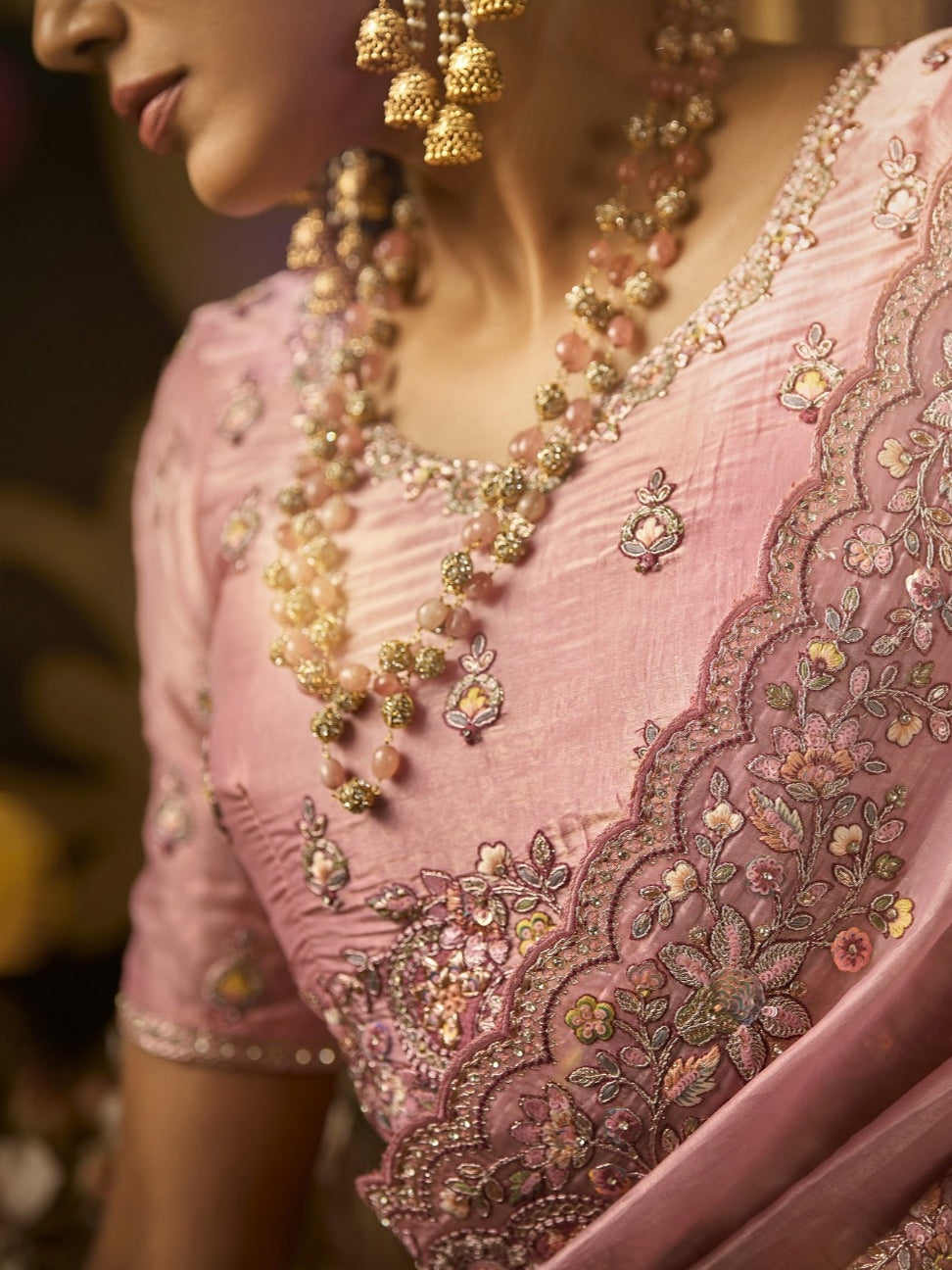 Pastel pink silk saree for Indian bride