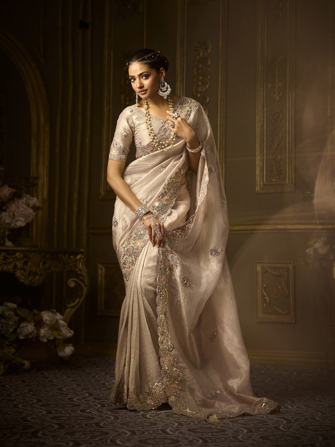Beige bridal saree in golden silk