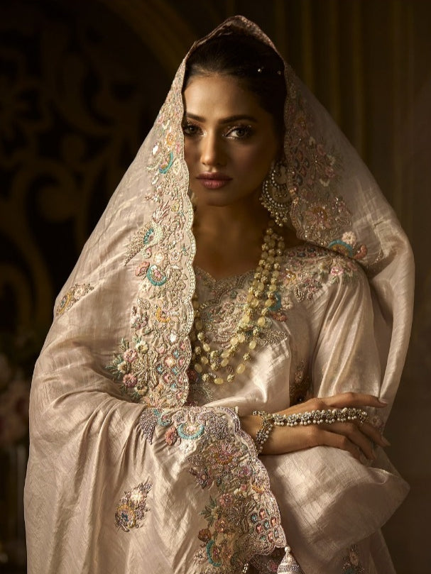 Handcrafted bridal silk saree with embroidery