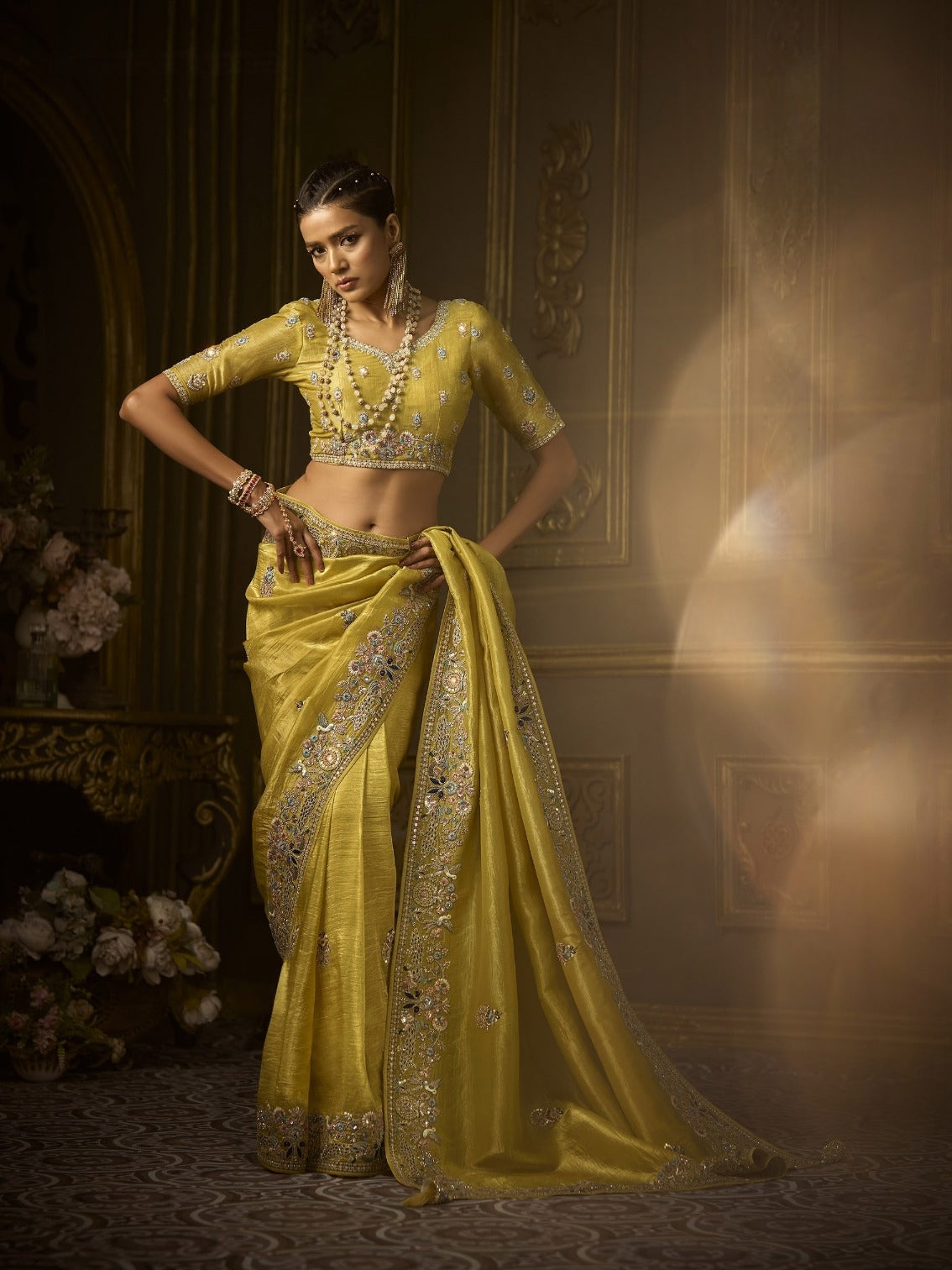 Mustard yellow golden silk bridal saree with handwork
