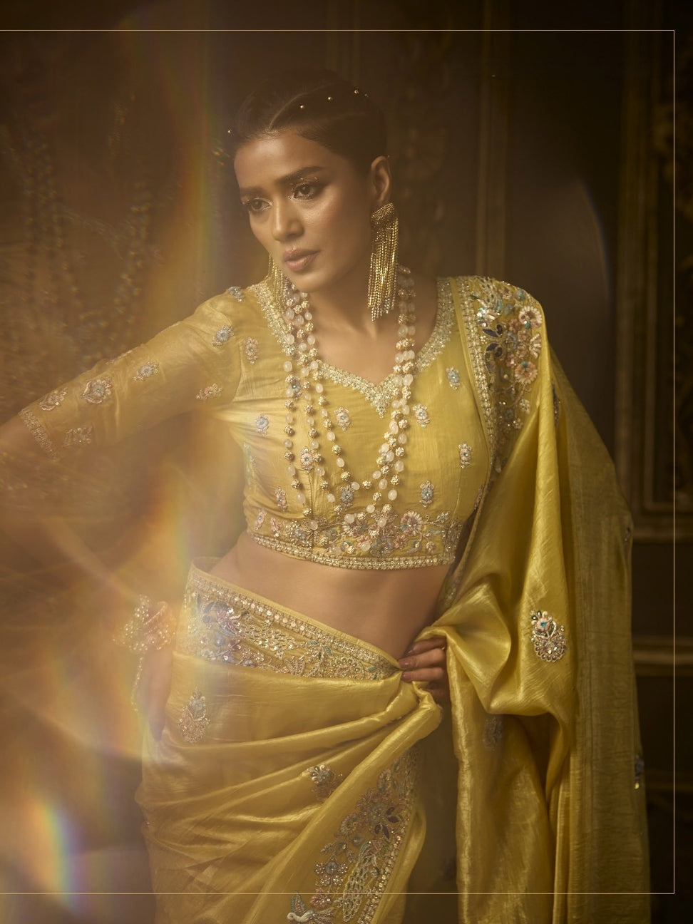 Mustard yellow golden silk bridal saree with handwork