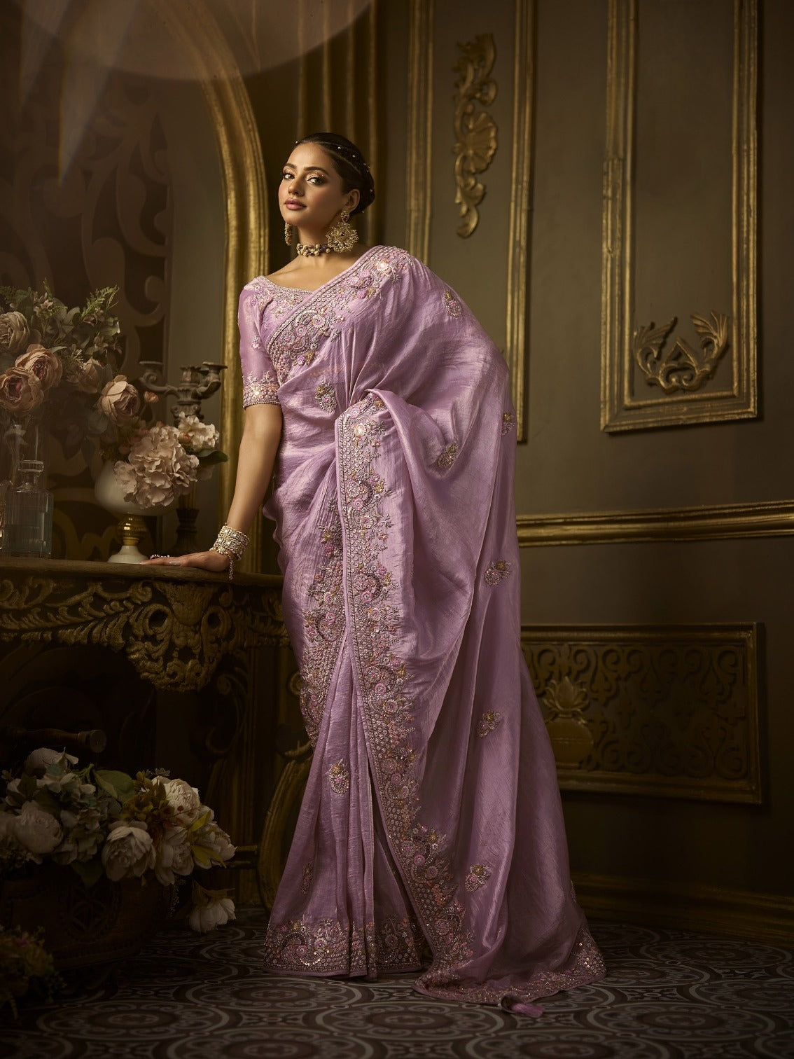 Lilac bridal saree in golden silk with embroidery