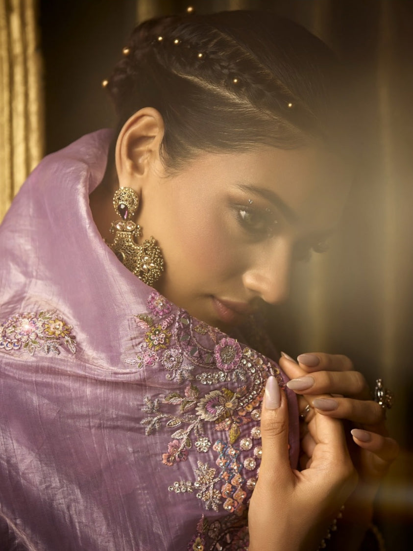 Lilac bridal saree in golden silk with embroidery