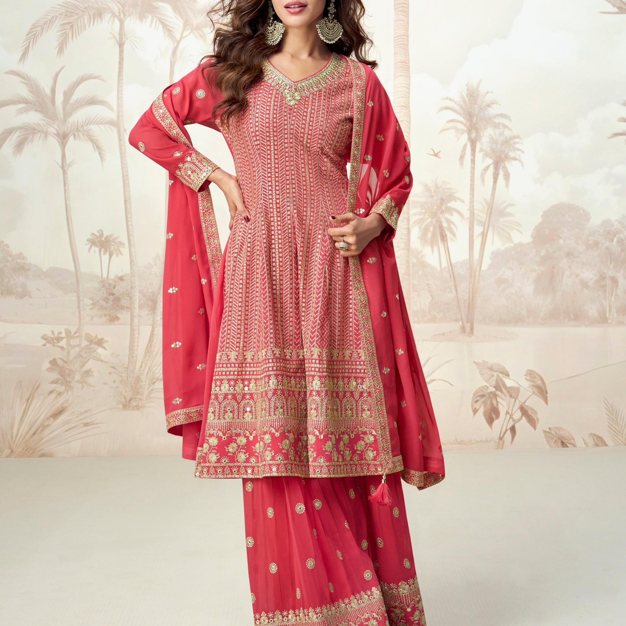 Red embroidered sharara suit with georgette dupatta for weddings