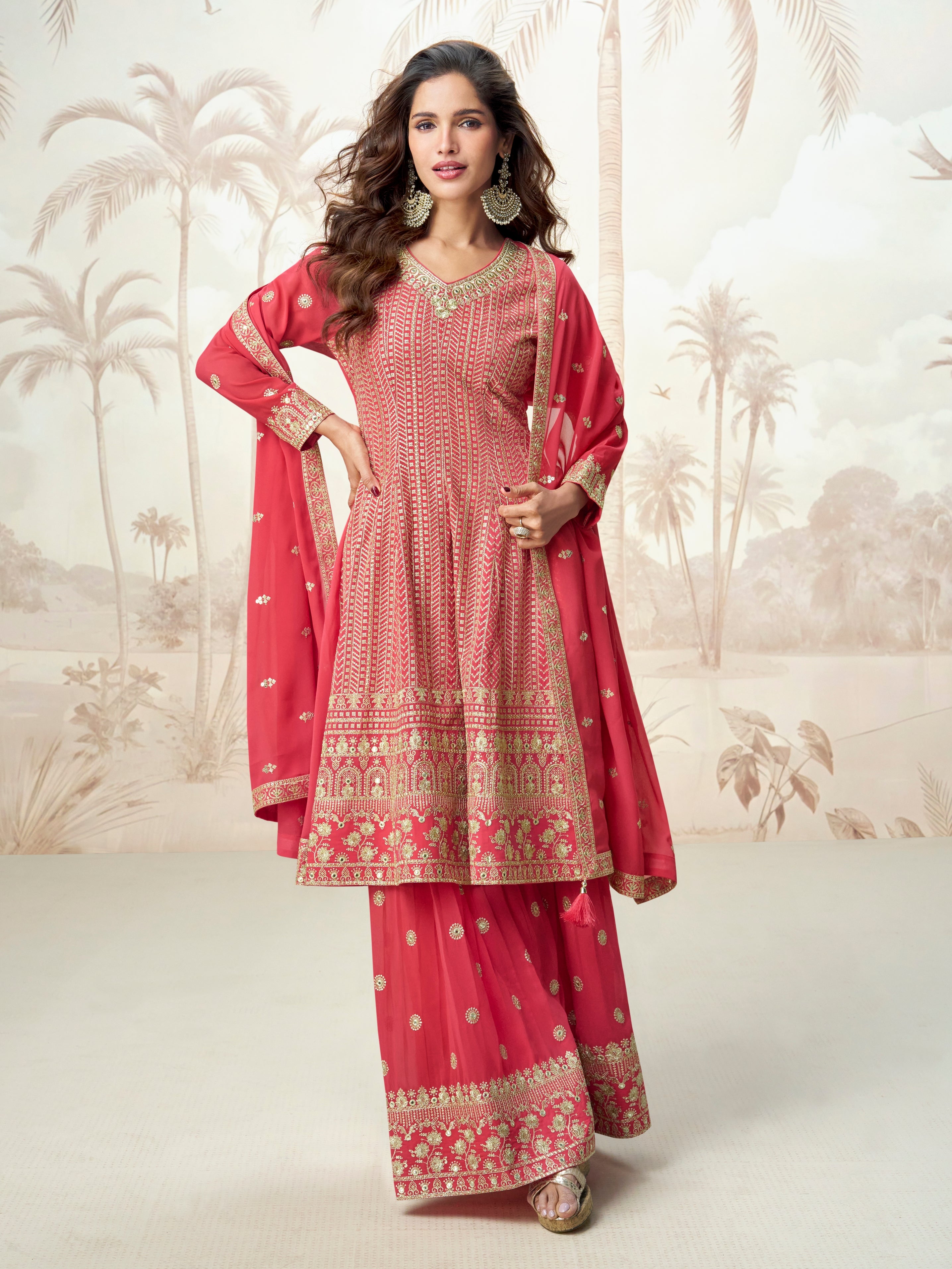 Red embroidered sharara suit with georgette dupatta for weddings