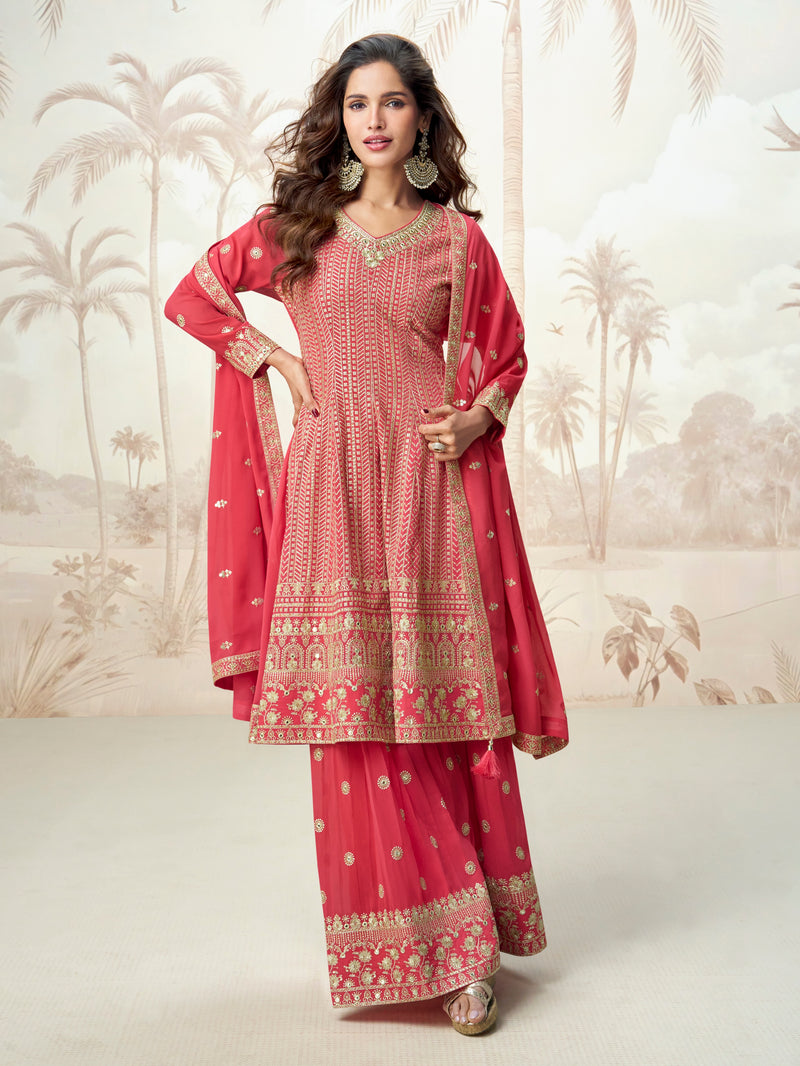 Red embroidered sharara suit with georgette dupatta for weddings