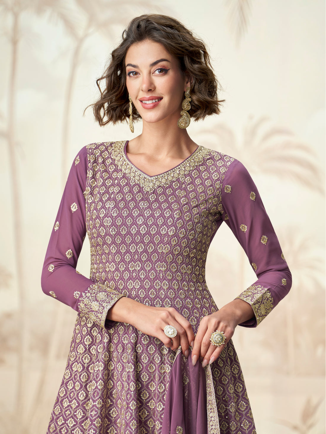 Purple georgette sharara suit with gold embroidery