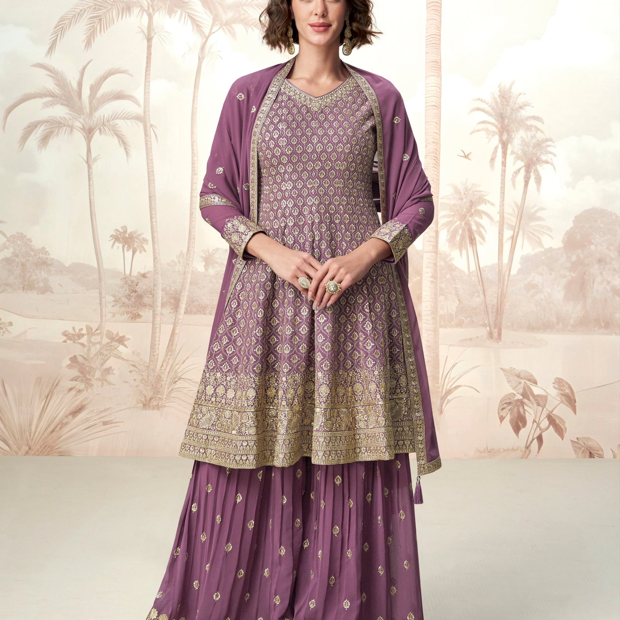 Purple georgette sharara suit with gold embroidery