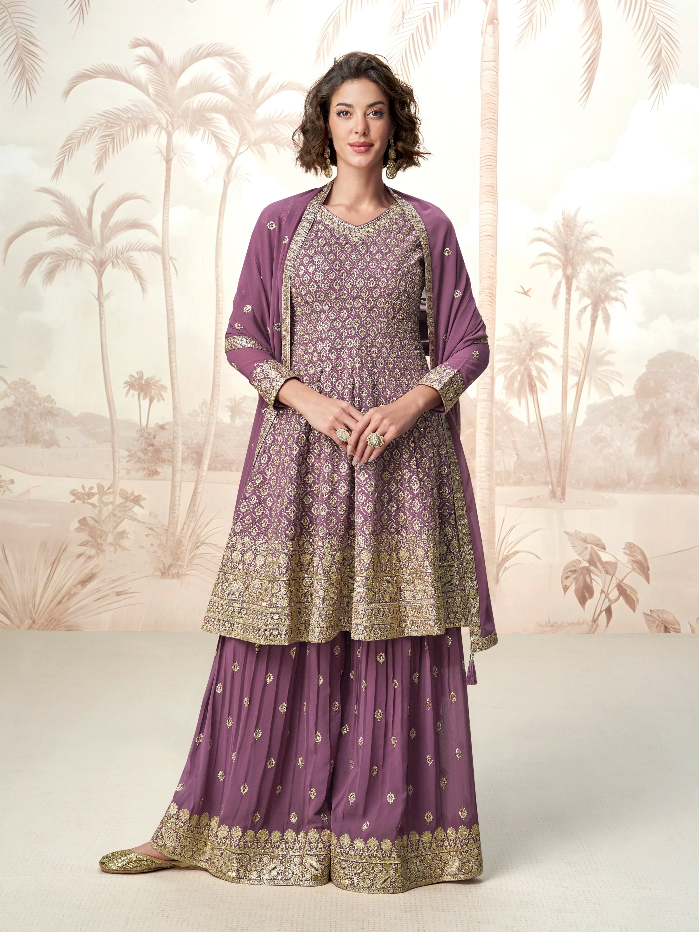 Purple georgette sharara suit with gold embroidery