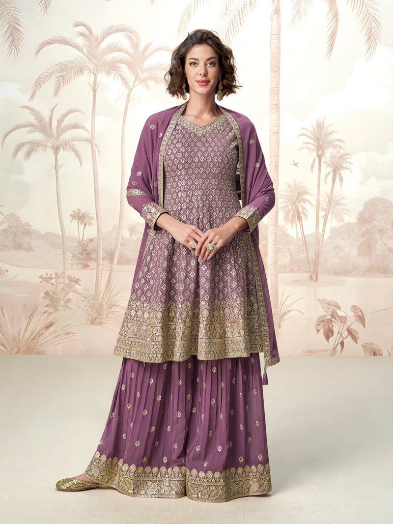 Purple georgette sharara suit with gold embroidery