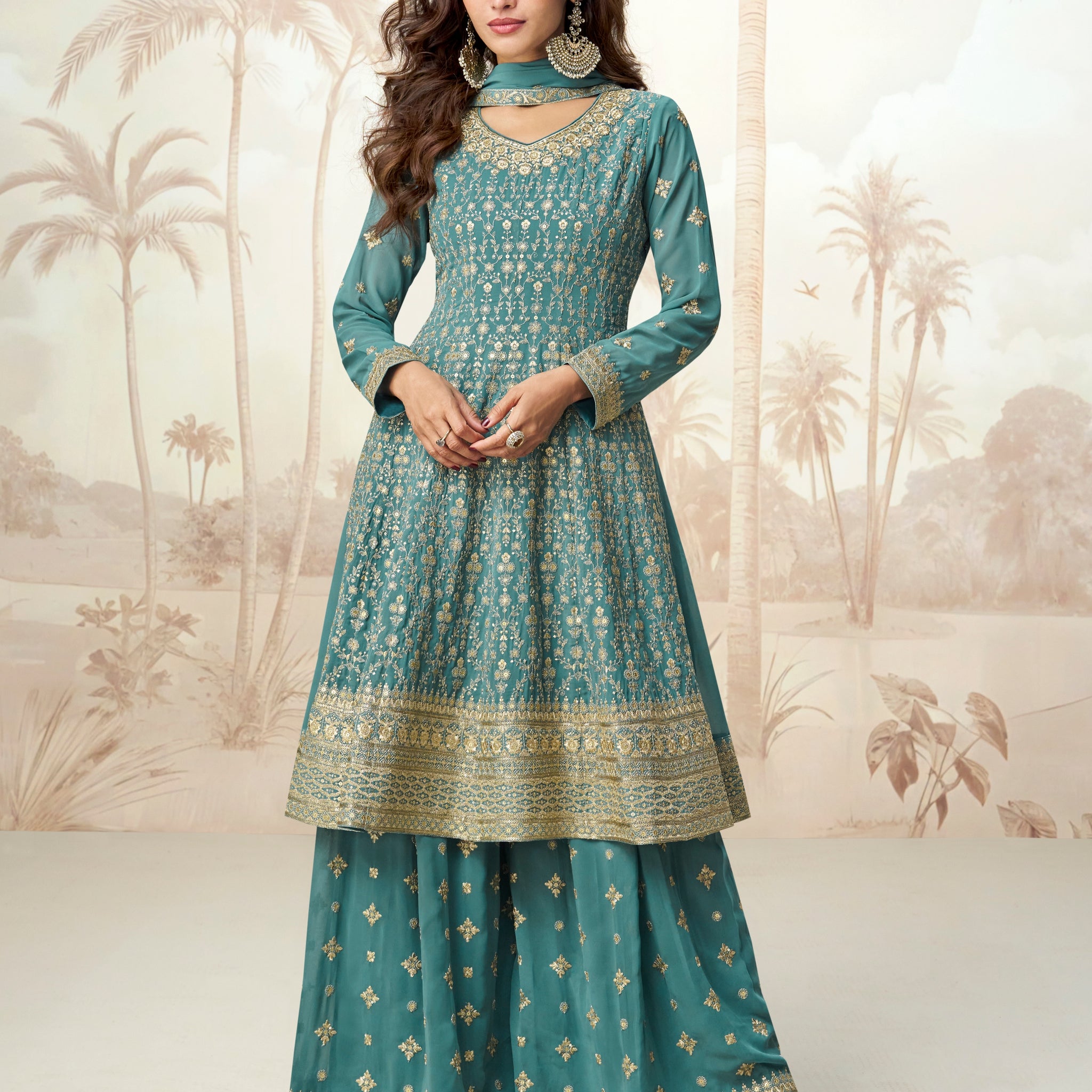 Teal blue georgette sharara suit for wedding guest