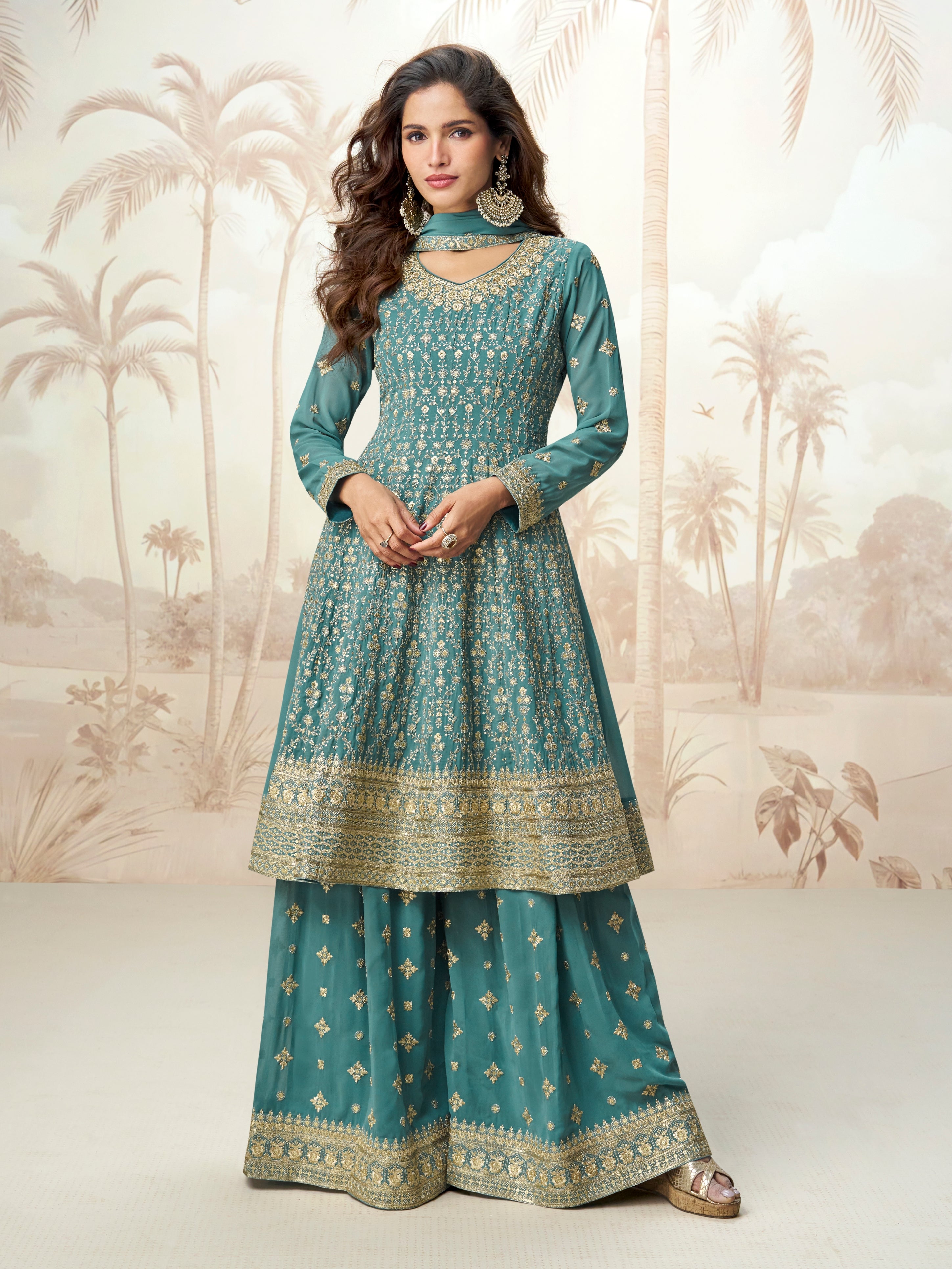 Teal blue georgette sharara suit for wedding guest
