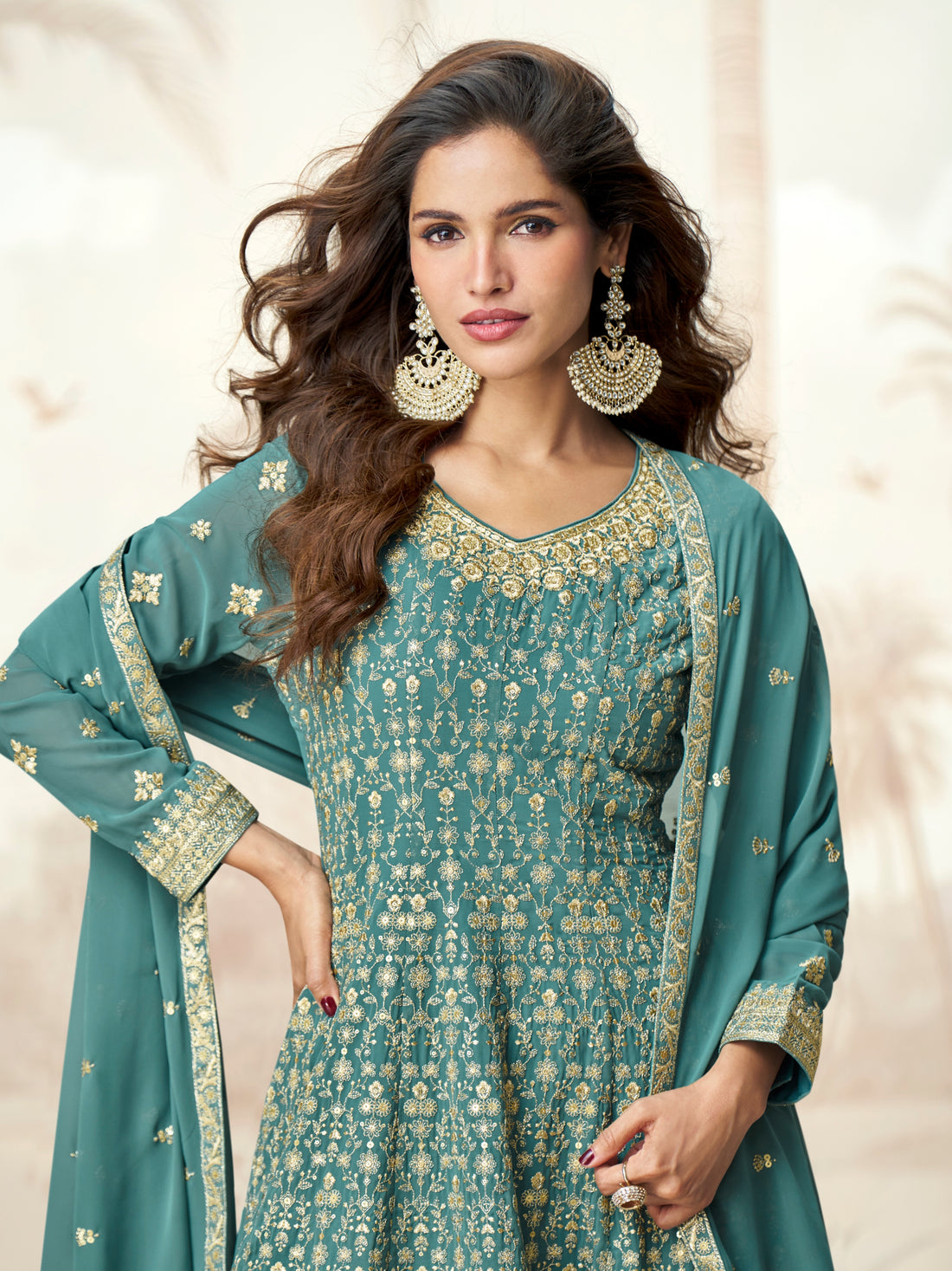 Teal blue georgette sharara suit for wedding guest