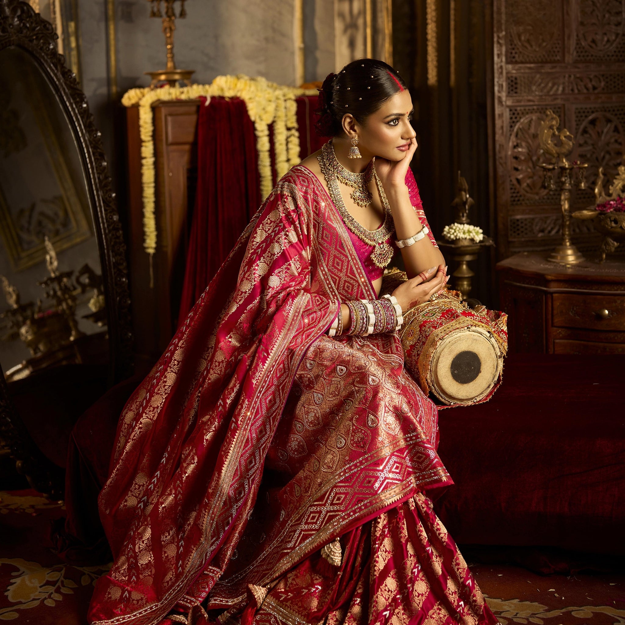 Pure satin silk bridal saree with traditional design

