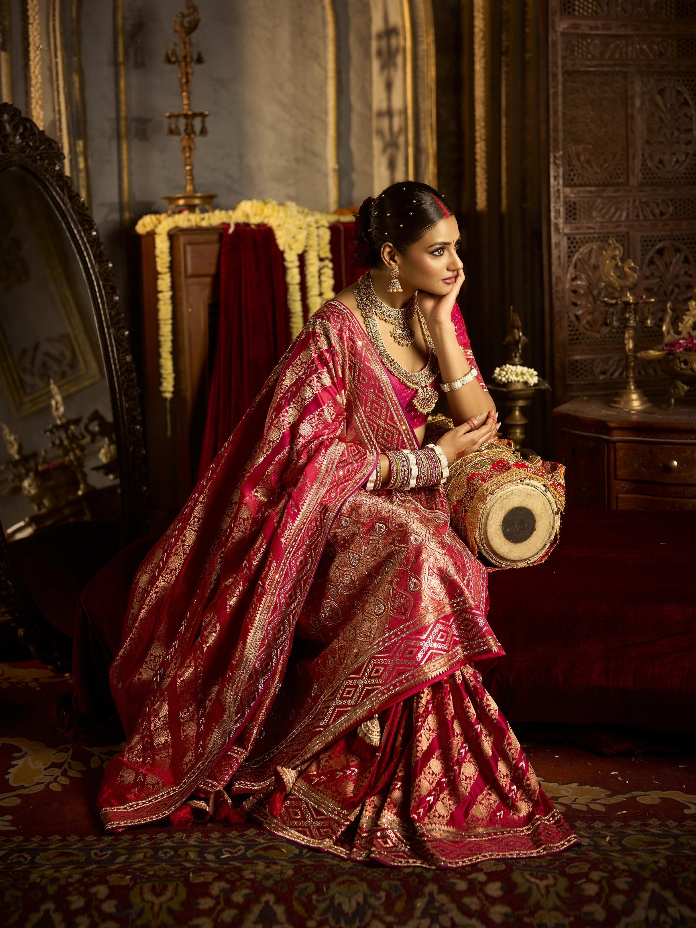 Pure satin silk bridal saree with traditional design

