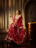 Elegant red satin silk bridal saree with heavy zircon and handwork

