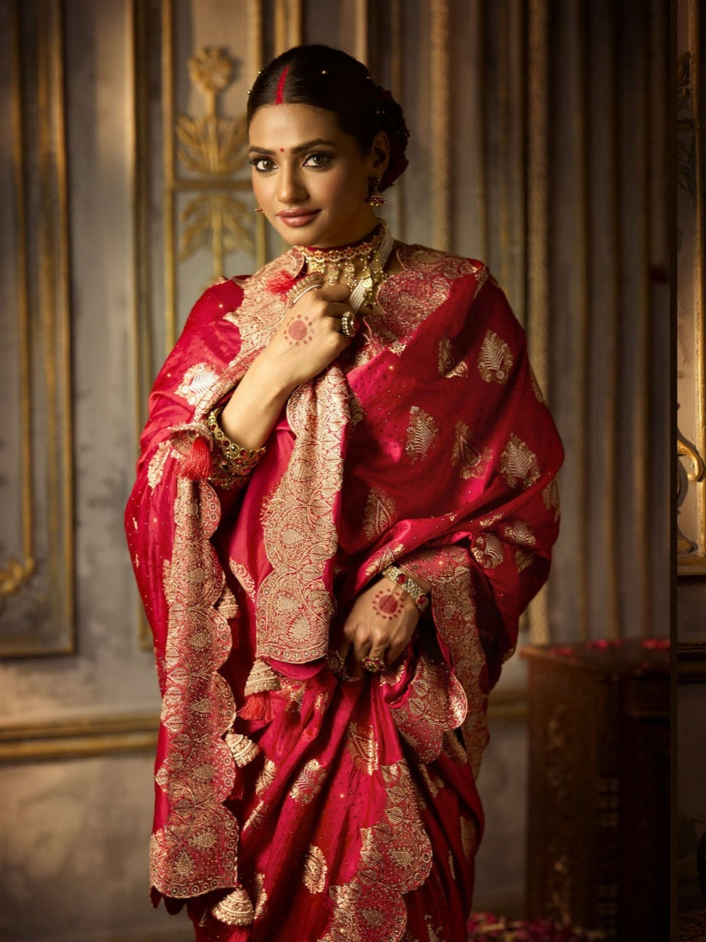 Designer bridal saree with saroski and moti embroidery for Indian wedding

