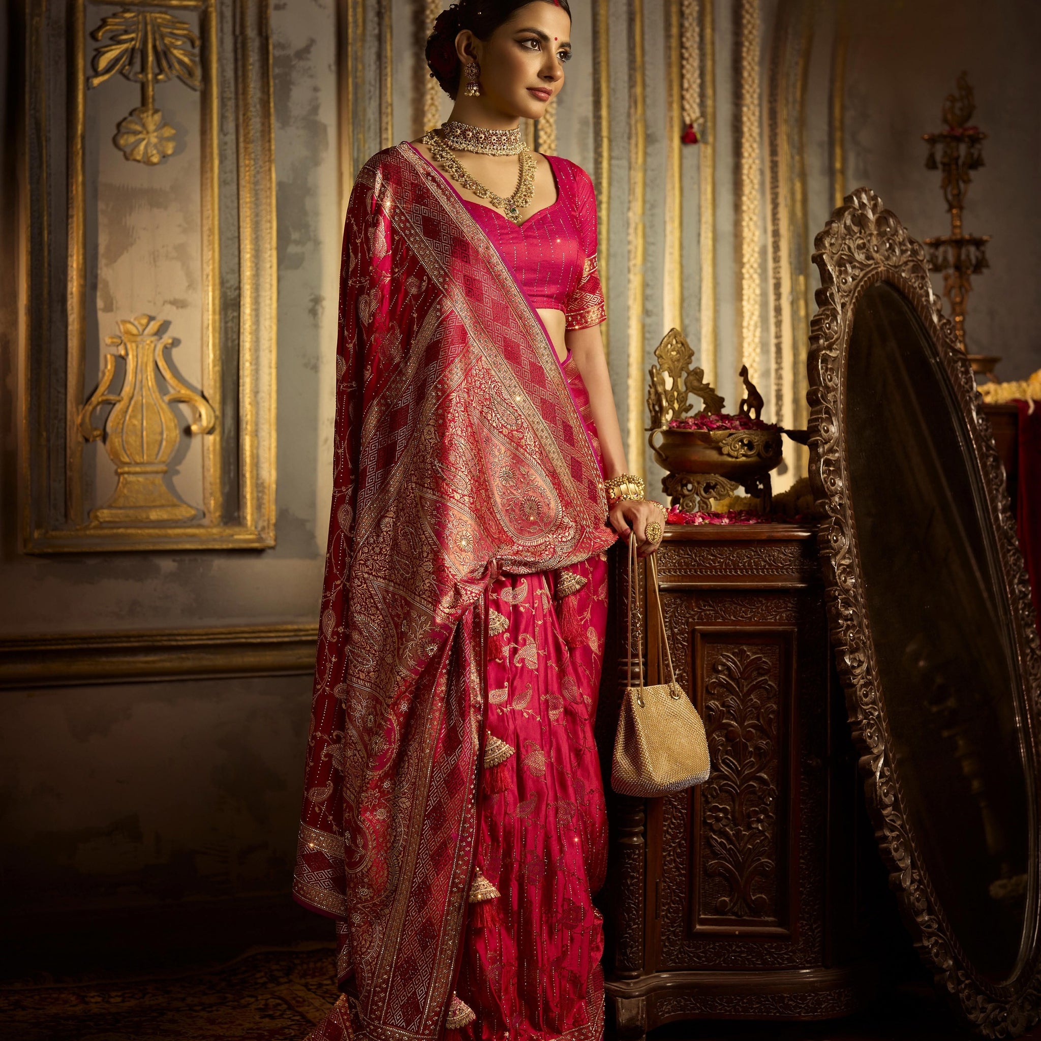 Red bridal satin silk saree with heavy hand embroidery and zircon

