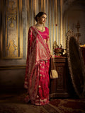 Red bridal satin silk saree with heavy hand embroidery and zircon

