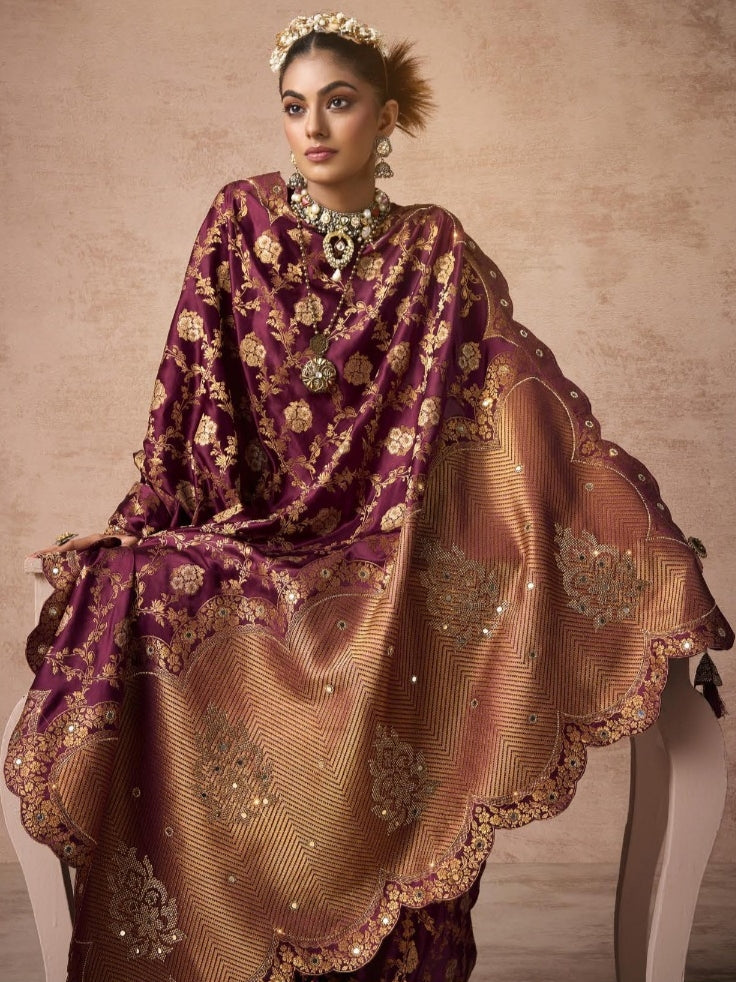 Maroon satin bridal saree with Zarkan embroidery

