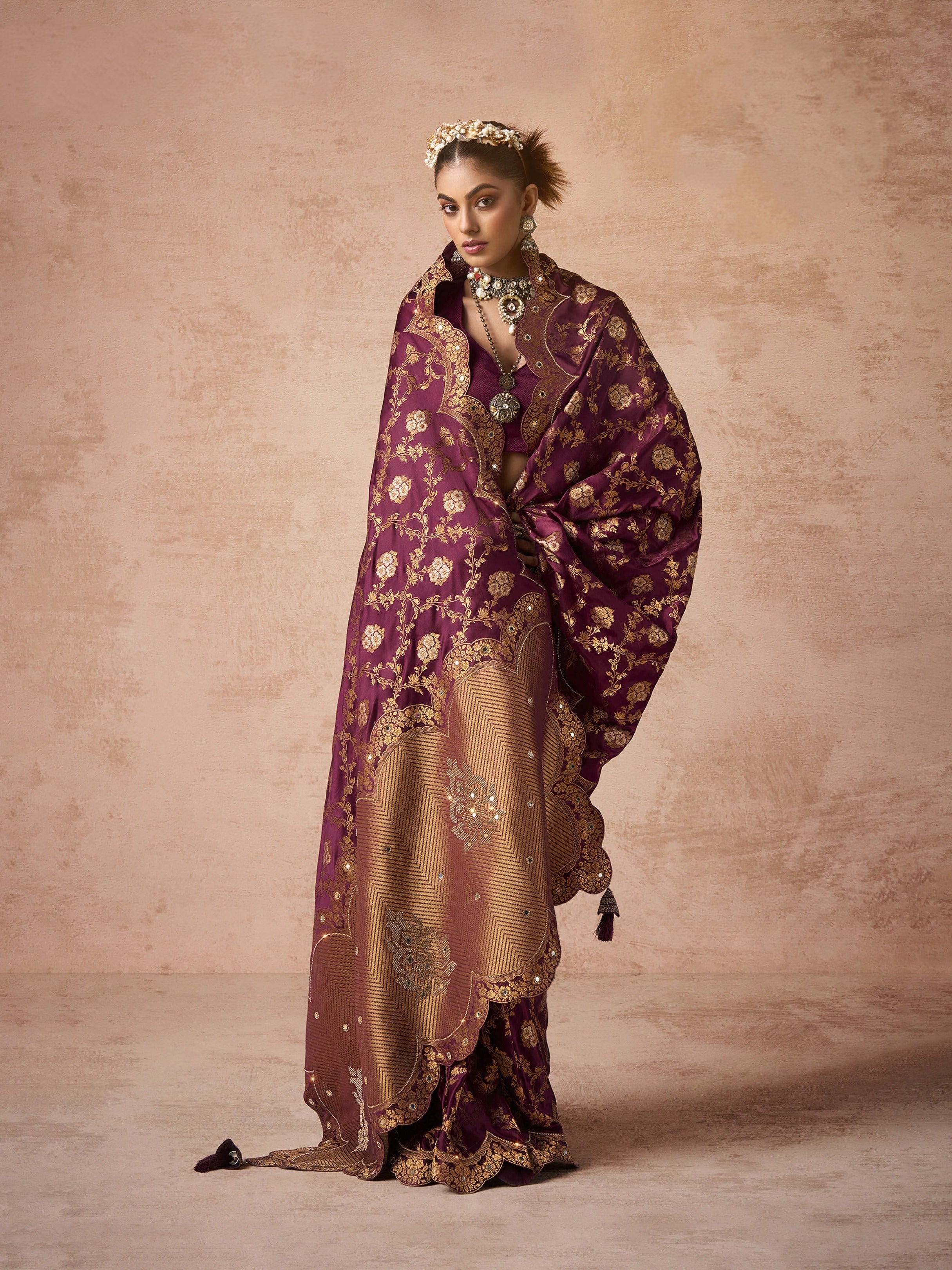 Maroon satin bridal saree with Zarkan embroidery

