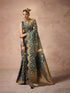 Teal blue satin bridal saree with Zarkan embroidery

