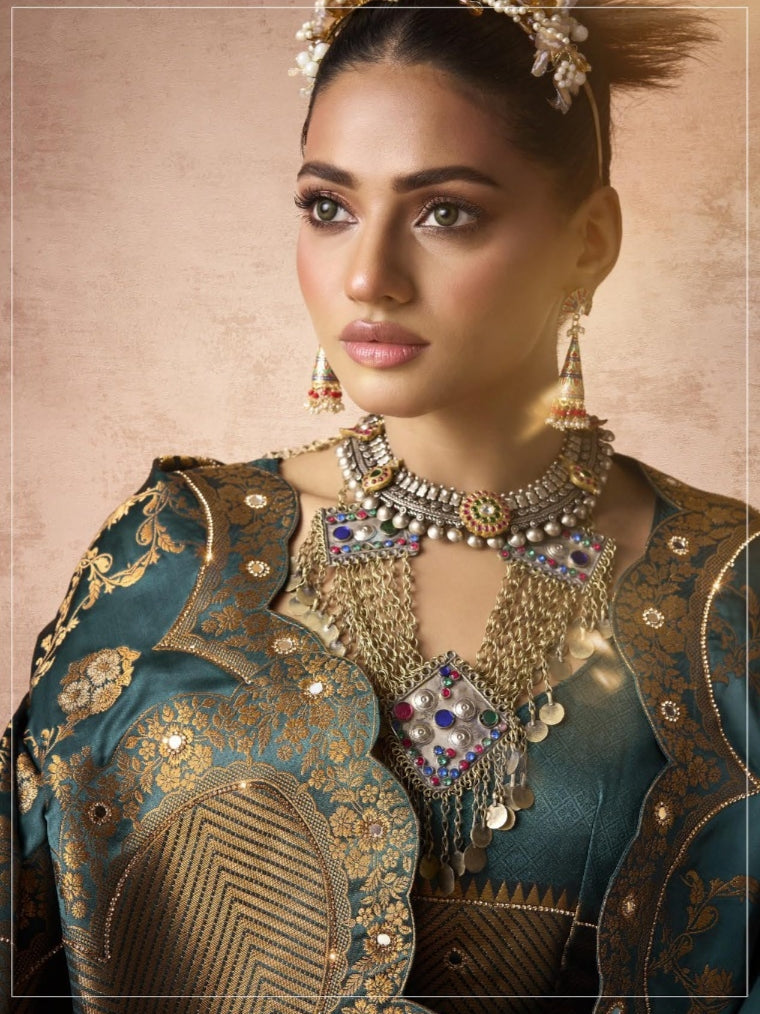Teal blue satin bridal saree with Zarkan embroidery

