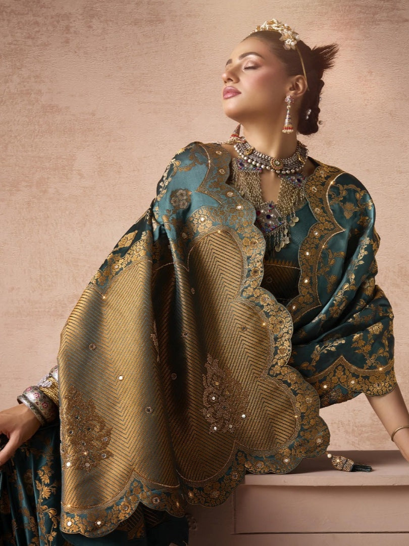 Satin bridal saree with kaanch detailing

