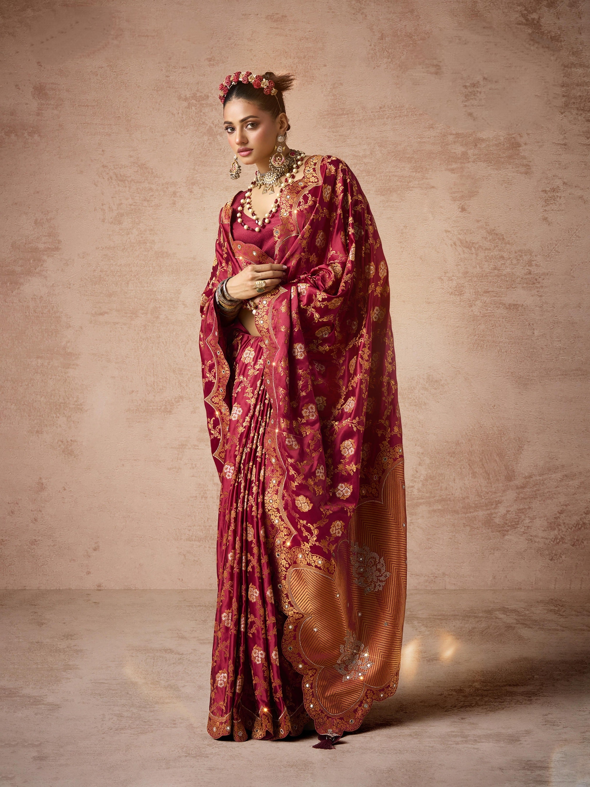 Red satin bridal saree with full Zarkan work

