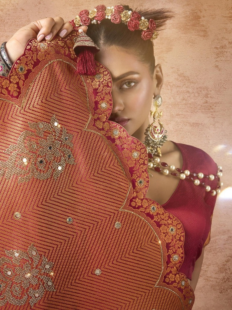 Red satin bridal saree with full Zarkan work

