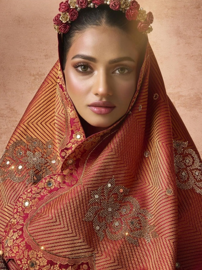 Bridal red saree with kaanch embellishment

