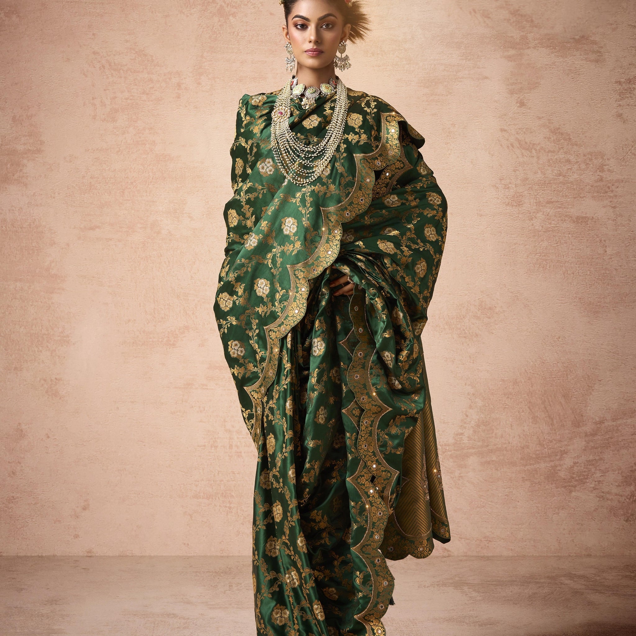 Bottle green satin bridal saree with embroidery

