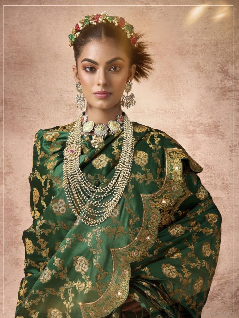 Bottle green satin bridal saree with embroidery


