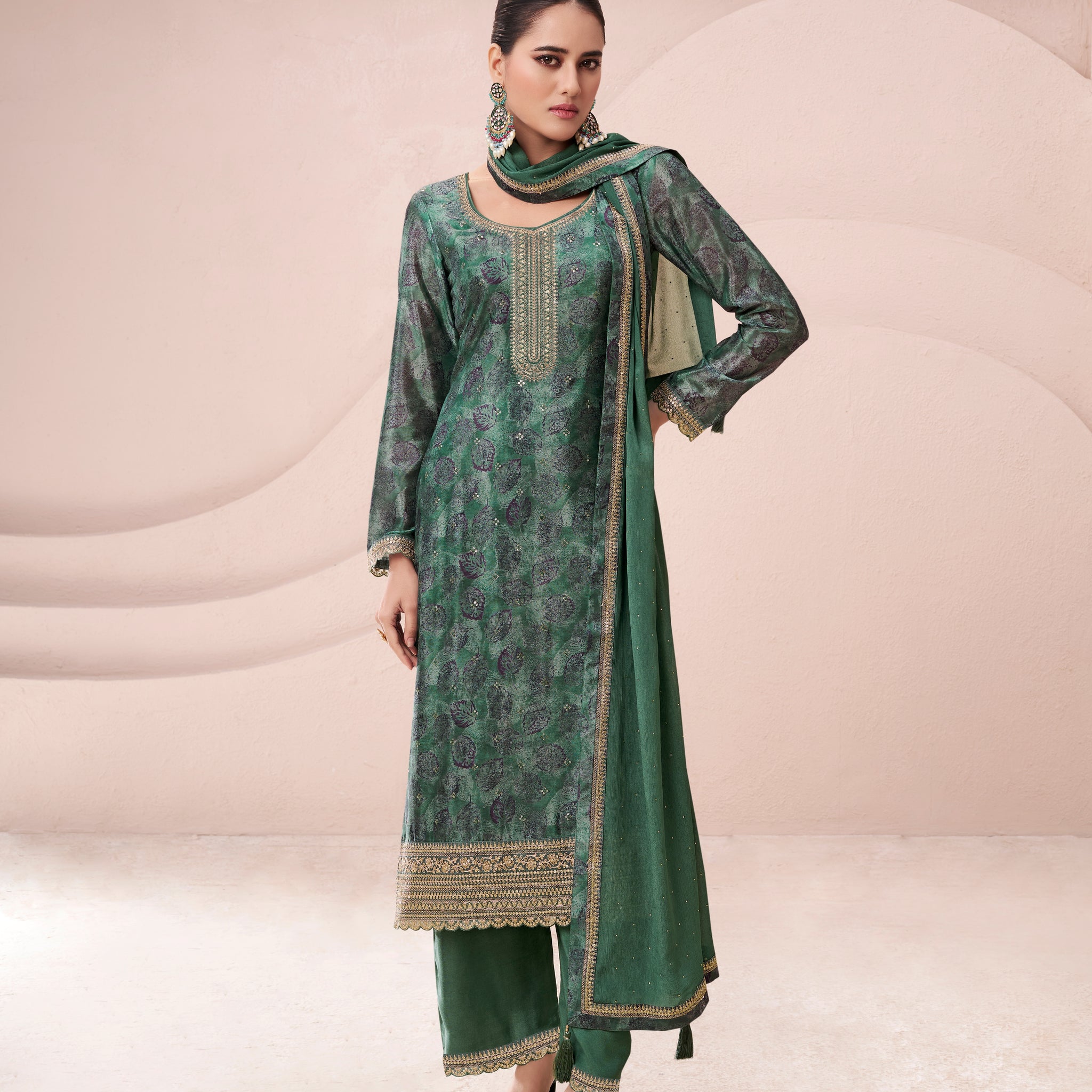 Green chinon kurta set with dupatta