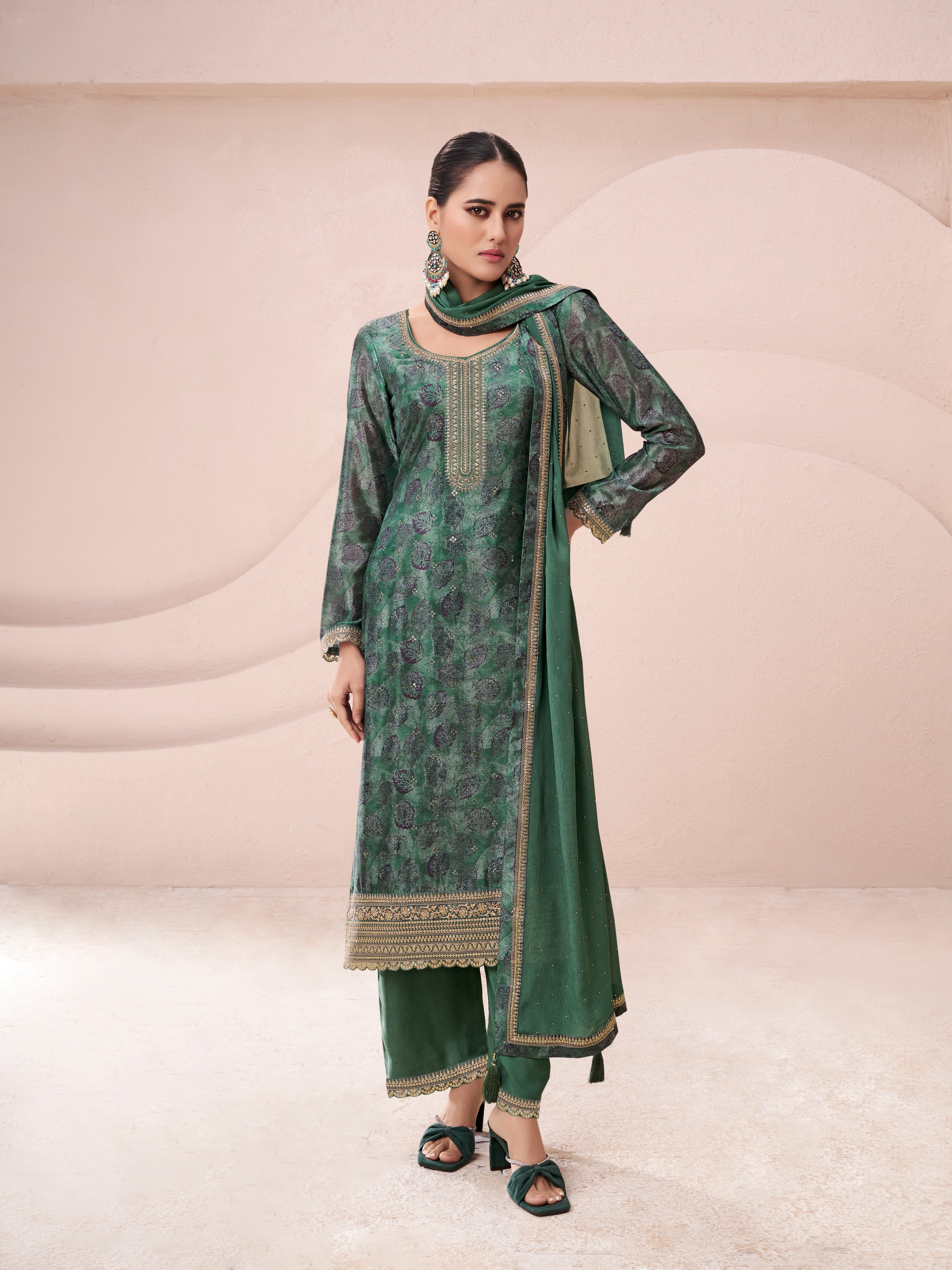 Green chinon kurta set with dupatta