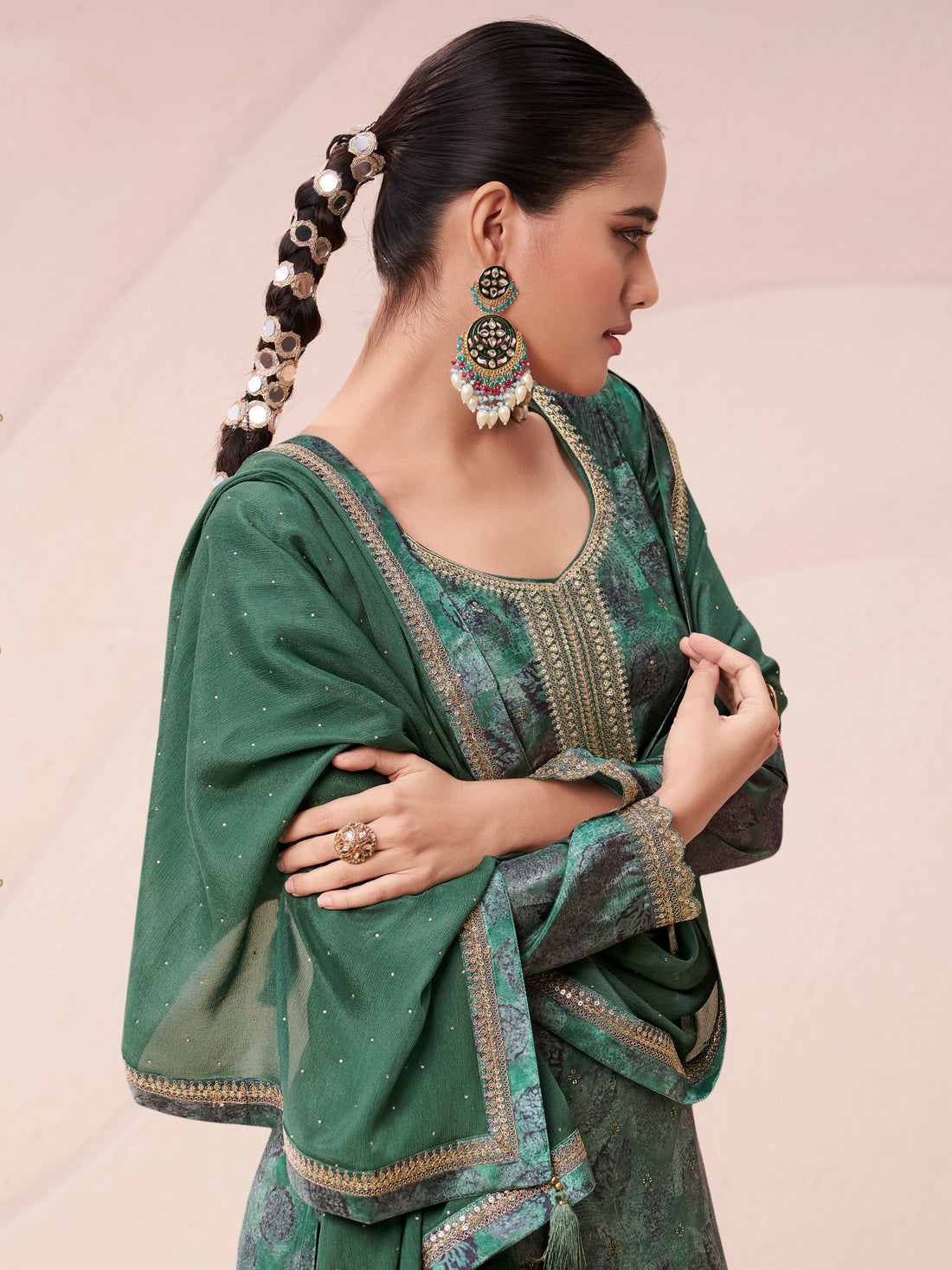Green chinon kurta set with dupatta