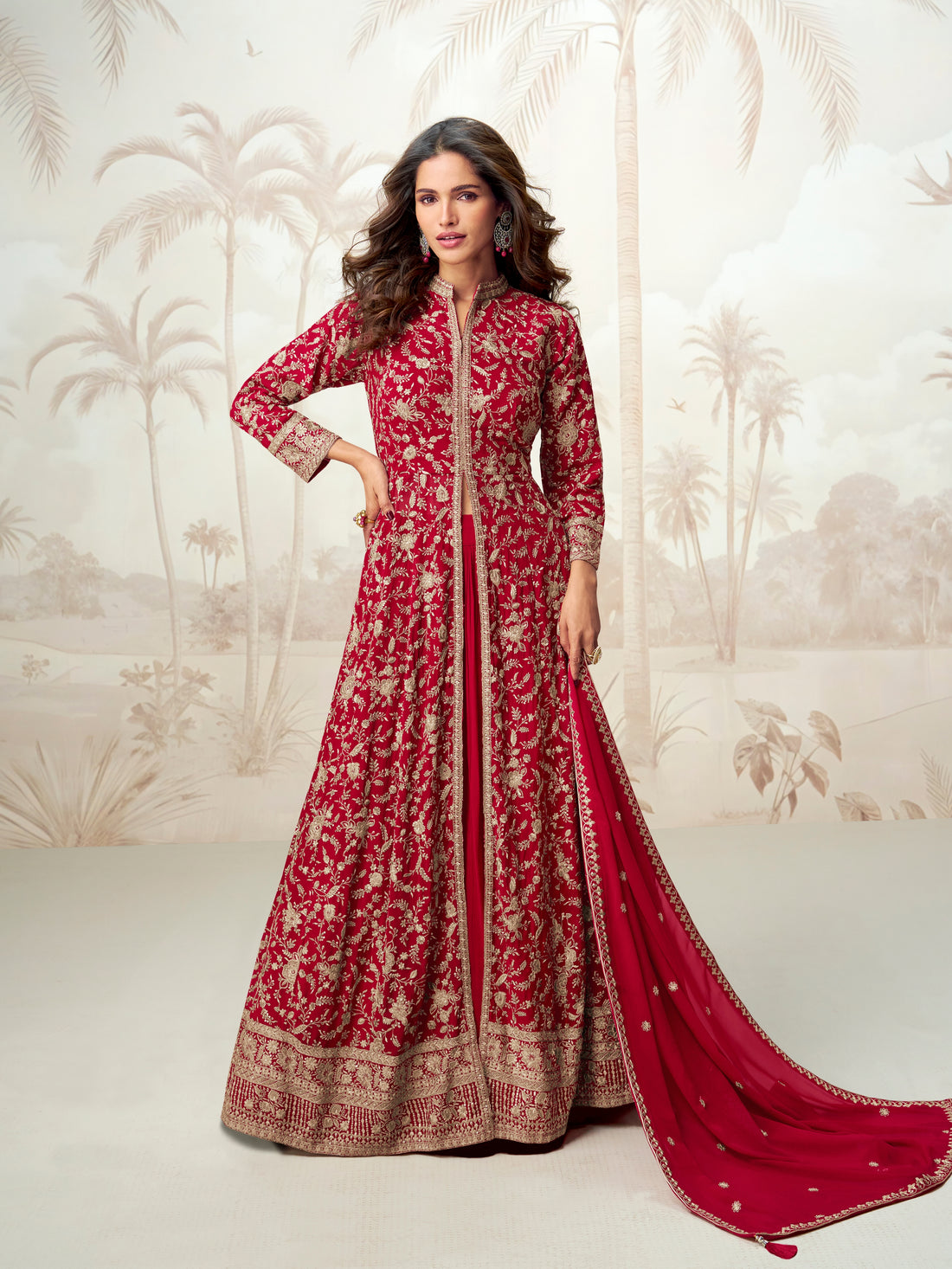 Red bridal georgette Anarkali suit with embroidery