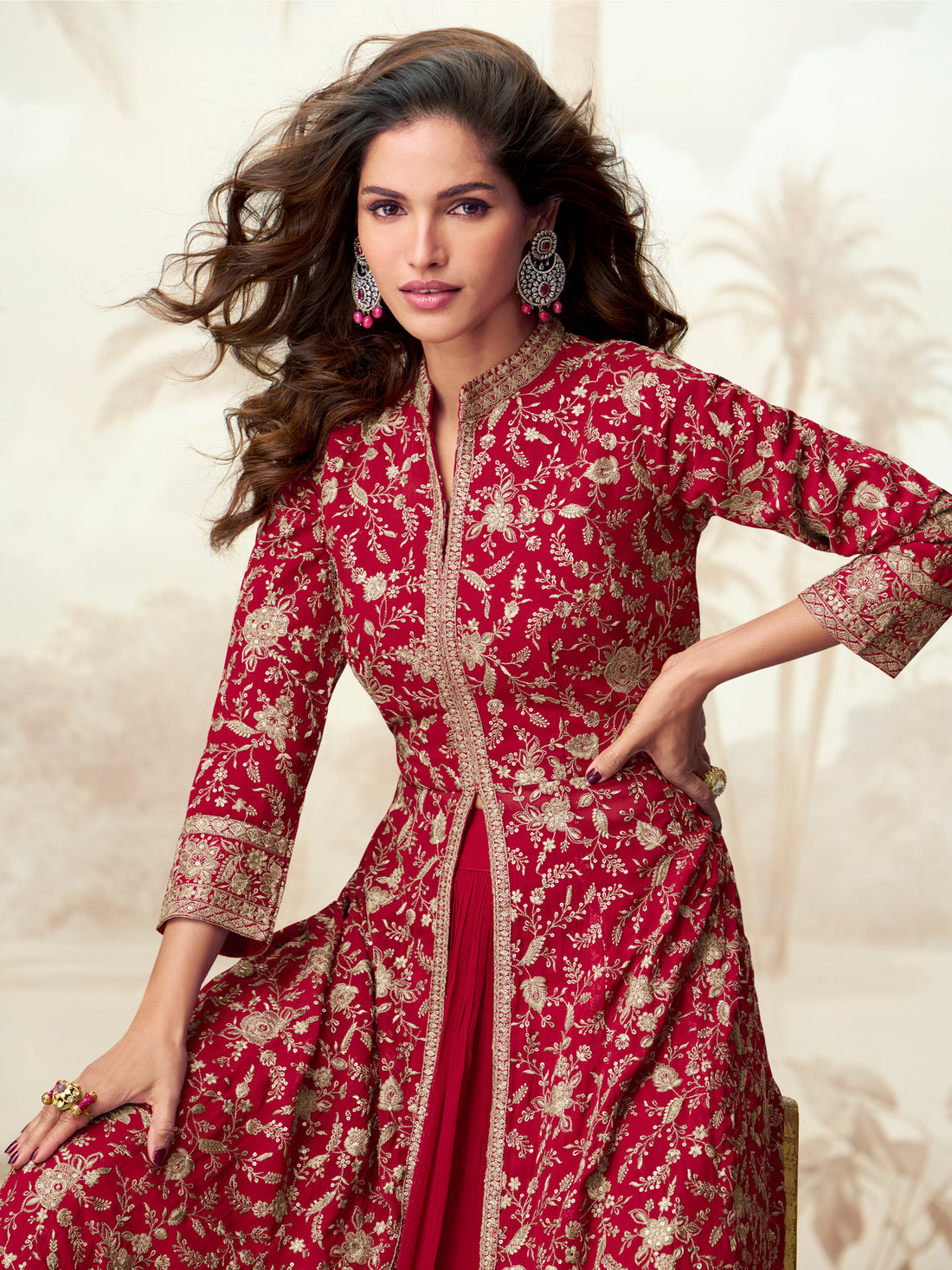 Red bridal georgette Anarkali suit with embroidery