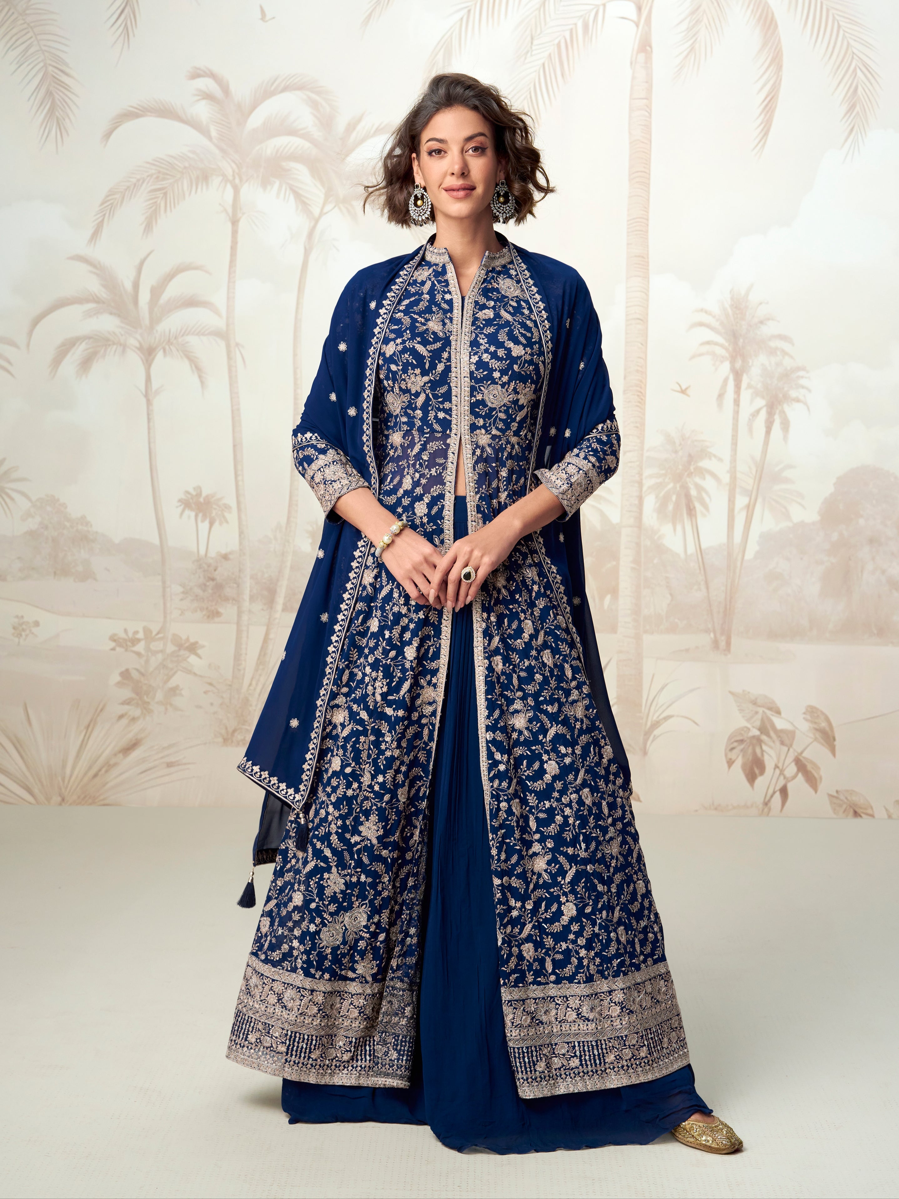 Navy blue embroidered Anarkali suit with dupatta