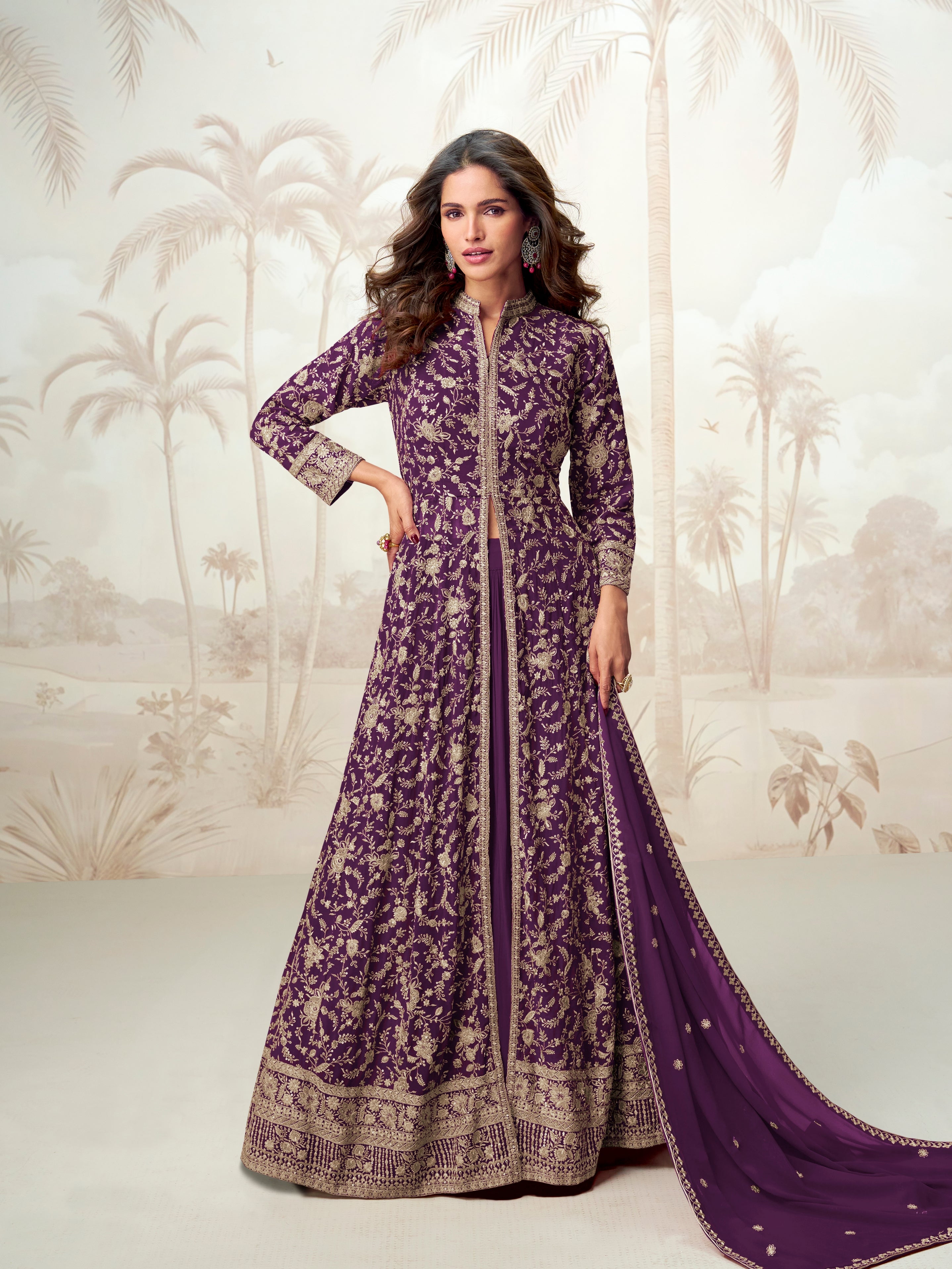 Purple georgette Anarkali suit with golden embroidery
