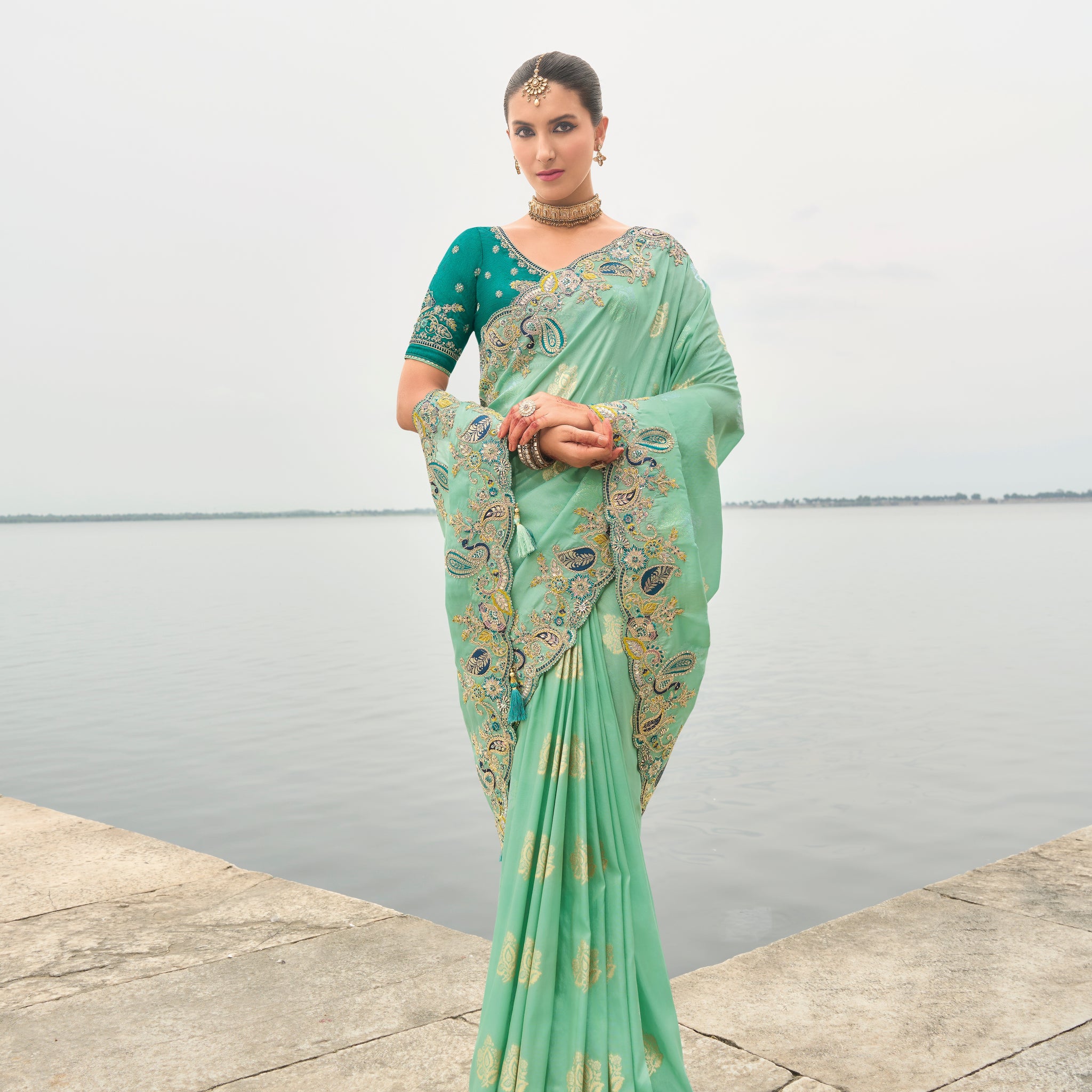 Mint green tissue silk saree with stone and sequin embroidery