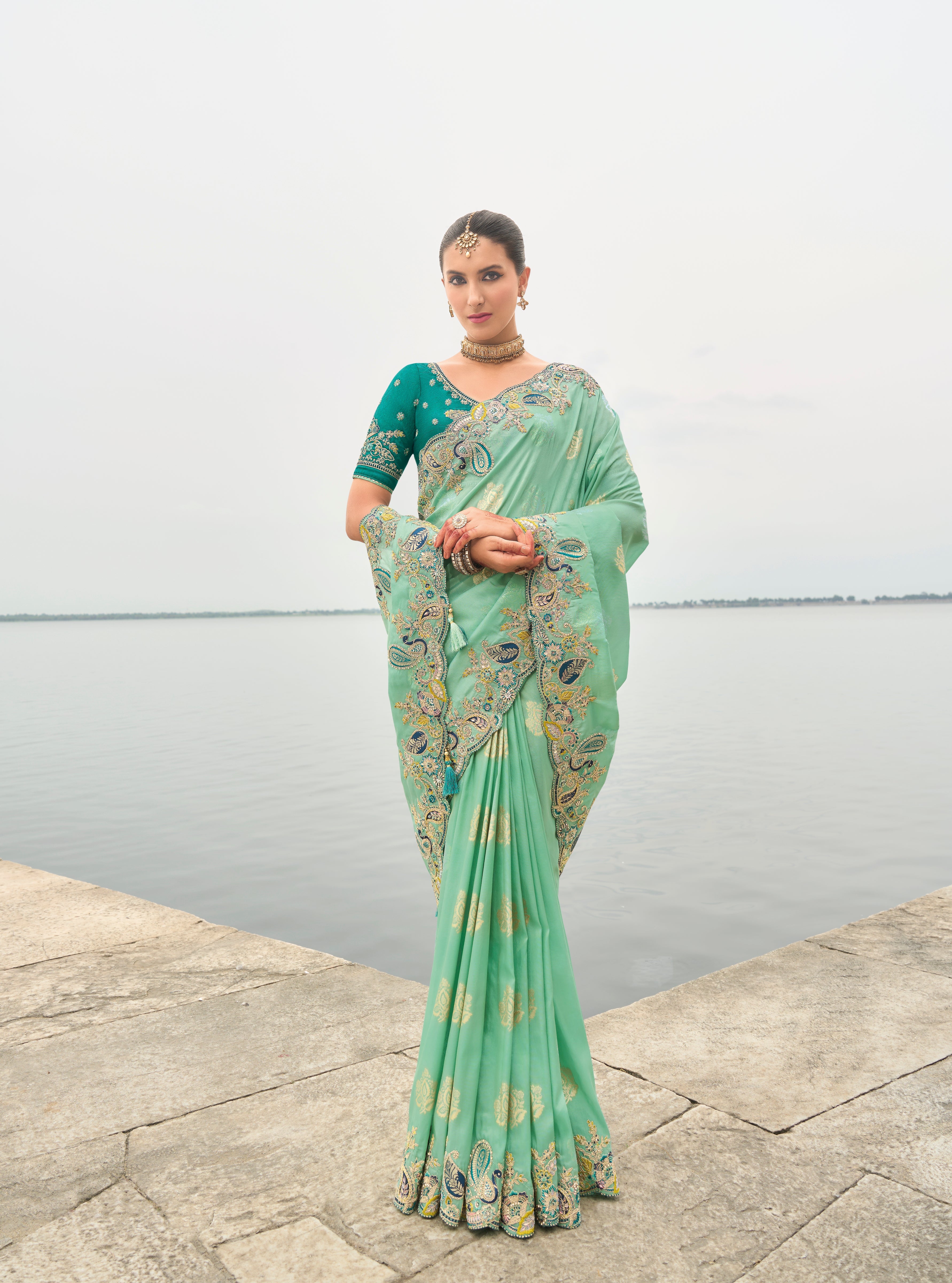 Mint green tissue silk saree with stone and sequin embroidery