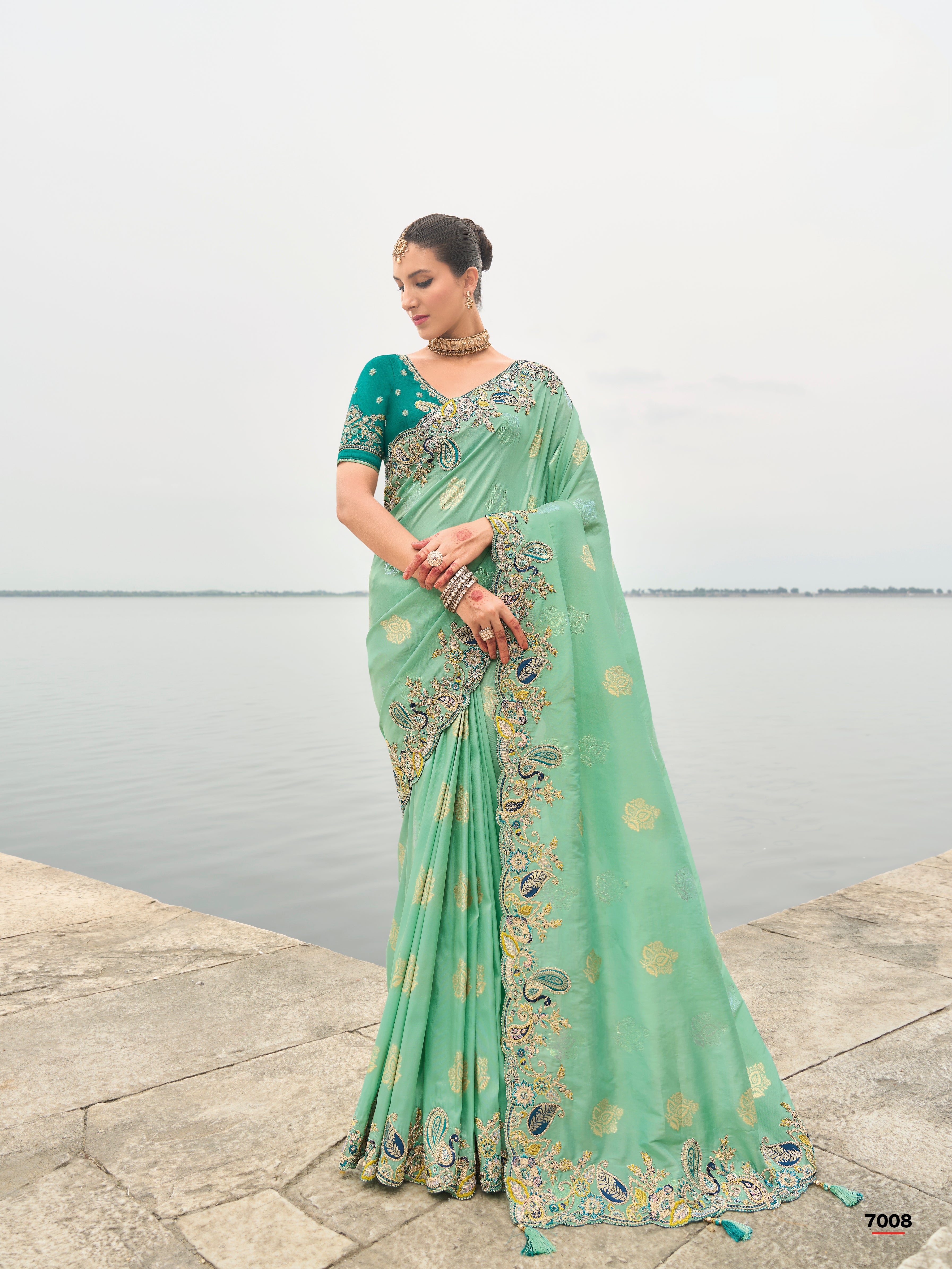 Party wear mint green saree with paisley cutwork border