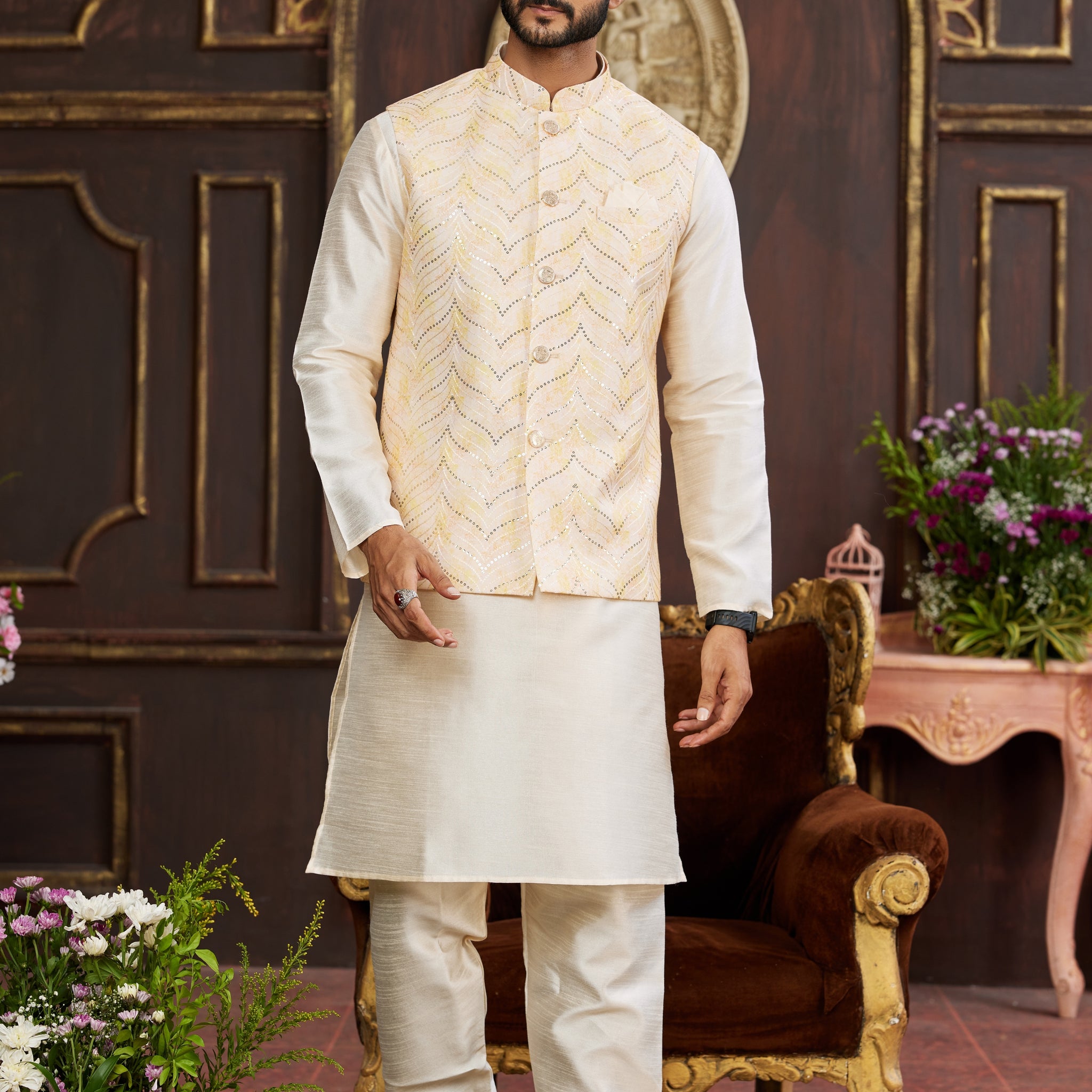Cream peach kurta pajama set with printed jacket for men