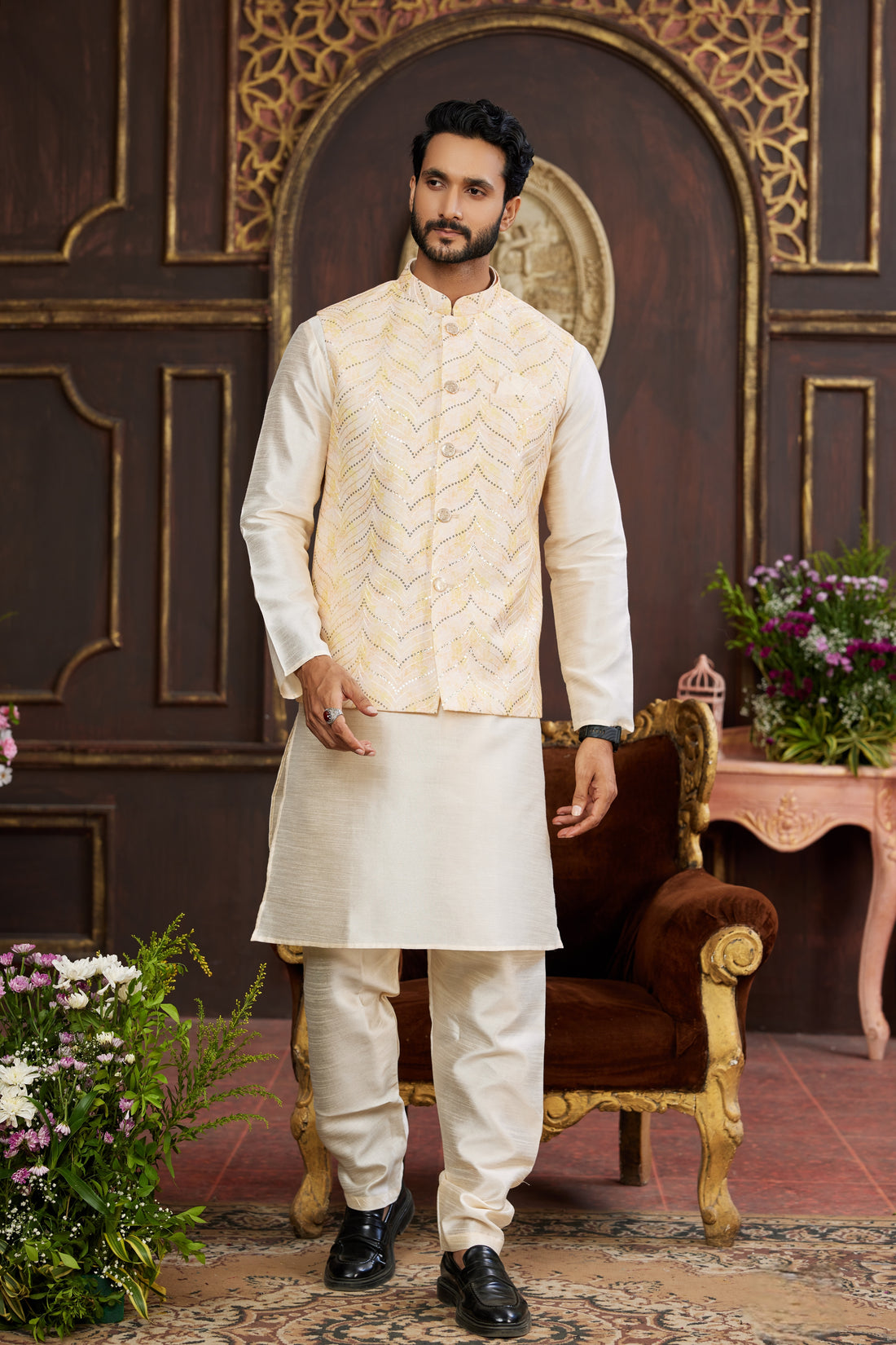 Cream peach kurta pajama set with printed jacket for men