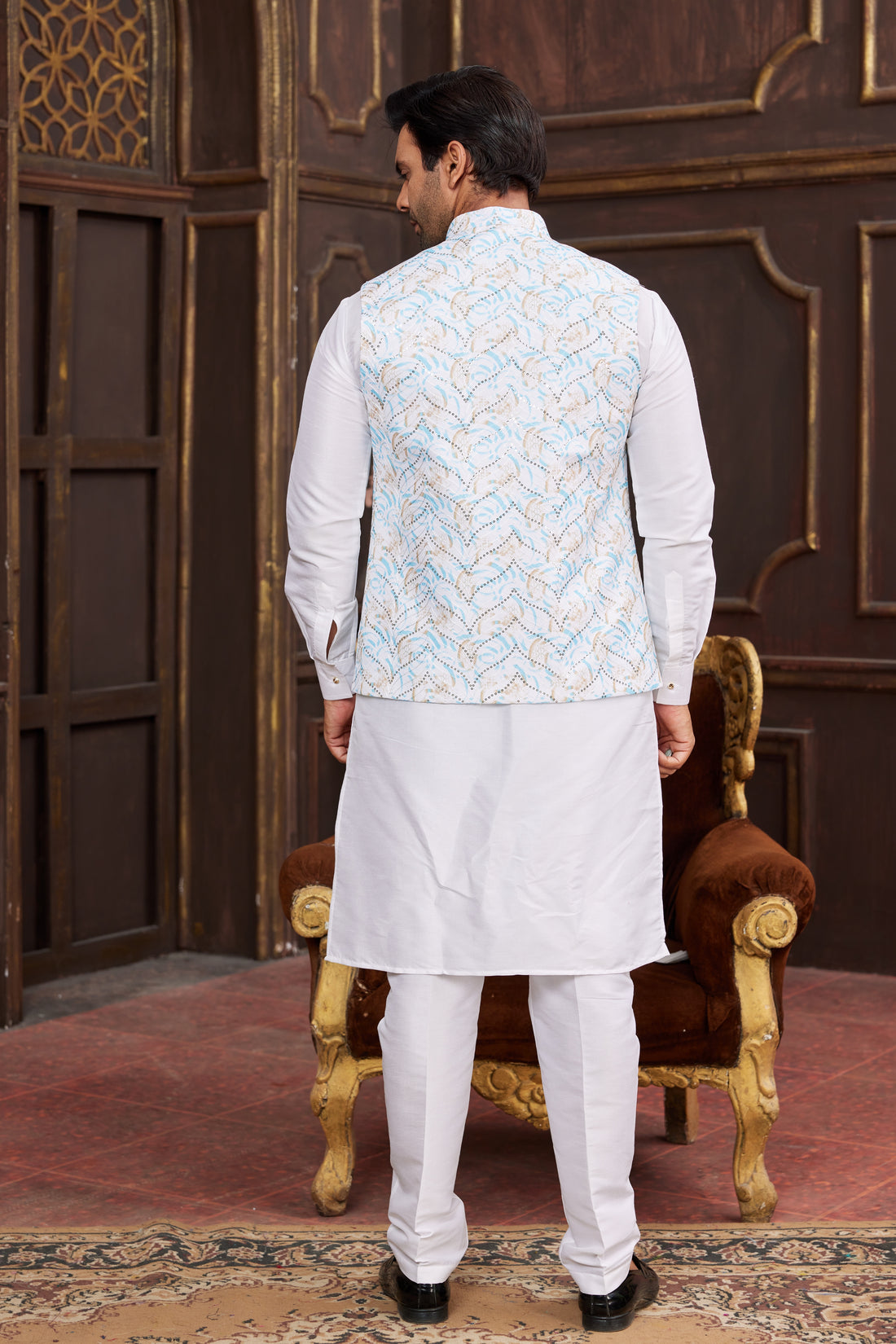 Sky blue kurta pajama with printed jacket for men