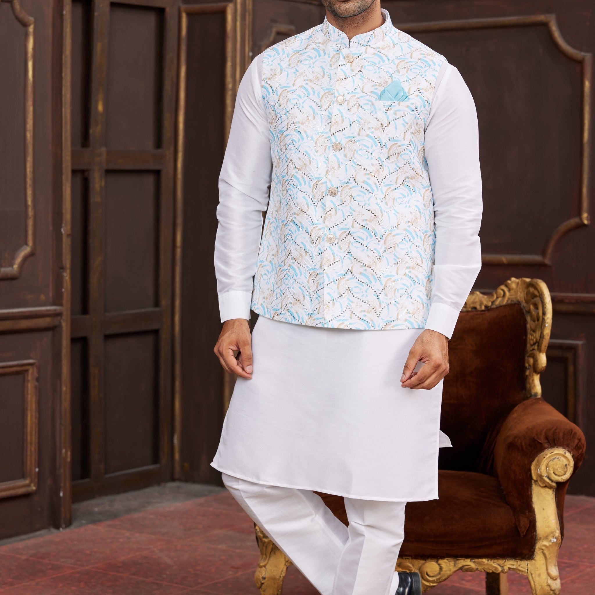 Sky blue kurta pajama with printed jacket for men