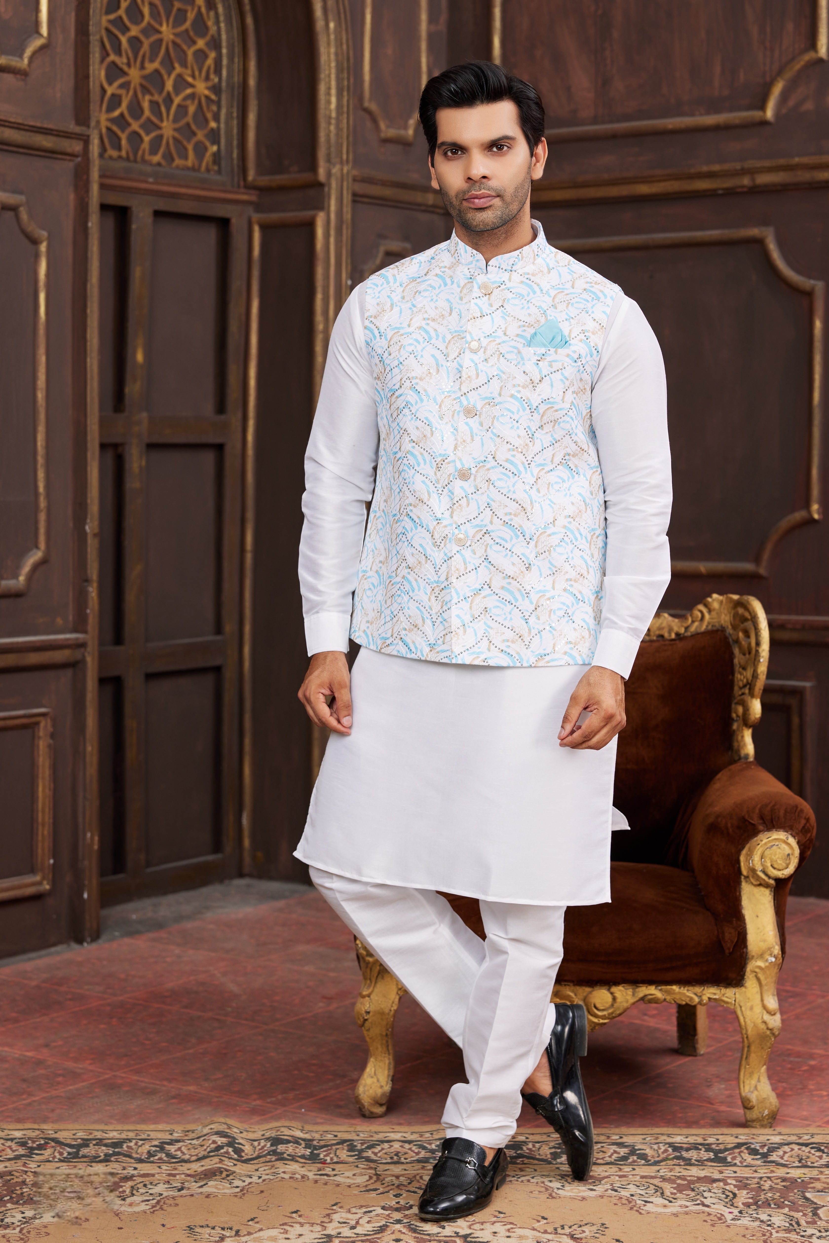 Sky blue kurta pajama with printed jacket for men