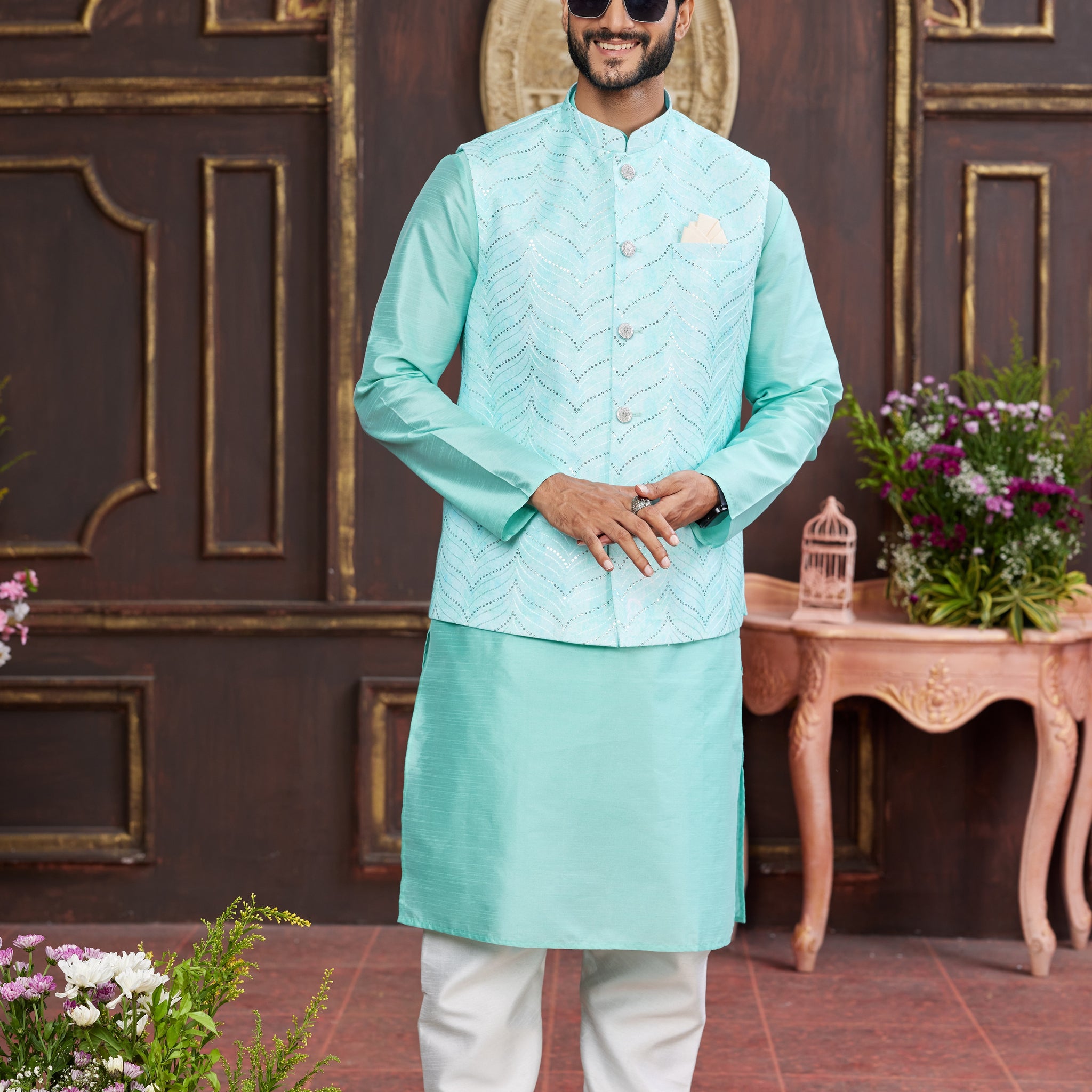 Mint green kurta pajama with printed jacket for men
